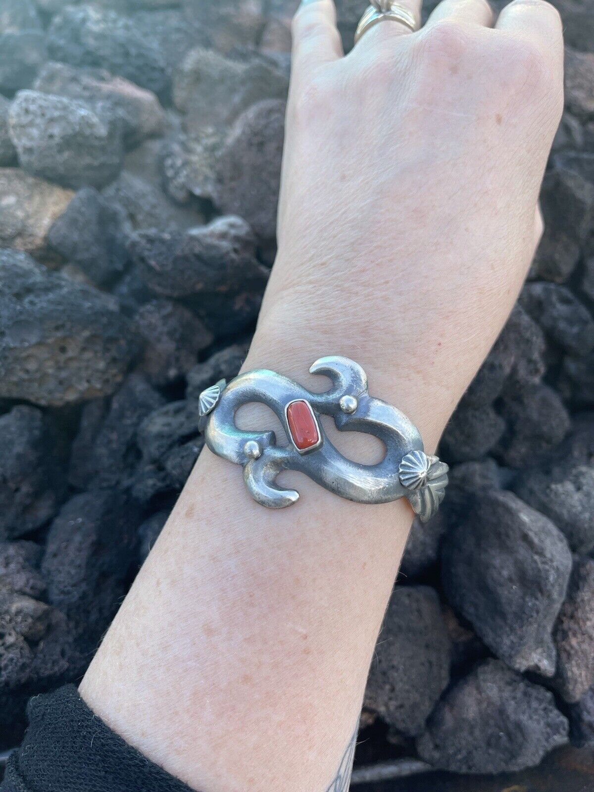 Navajo Natural Red Coral Sterling Silver Cuff By Artist Chimney Butte