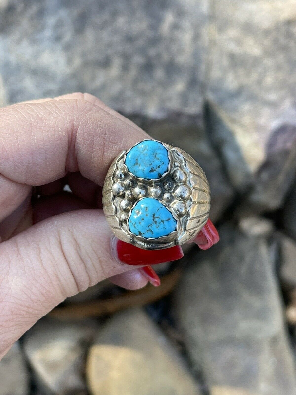 Navajo Sterling Silver & Kingman Turquoise 2 Stone Ring Size 13.5