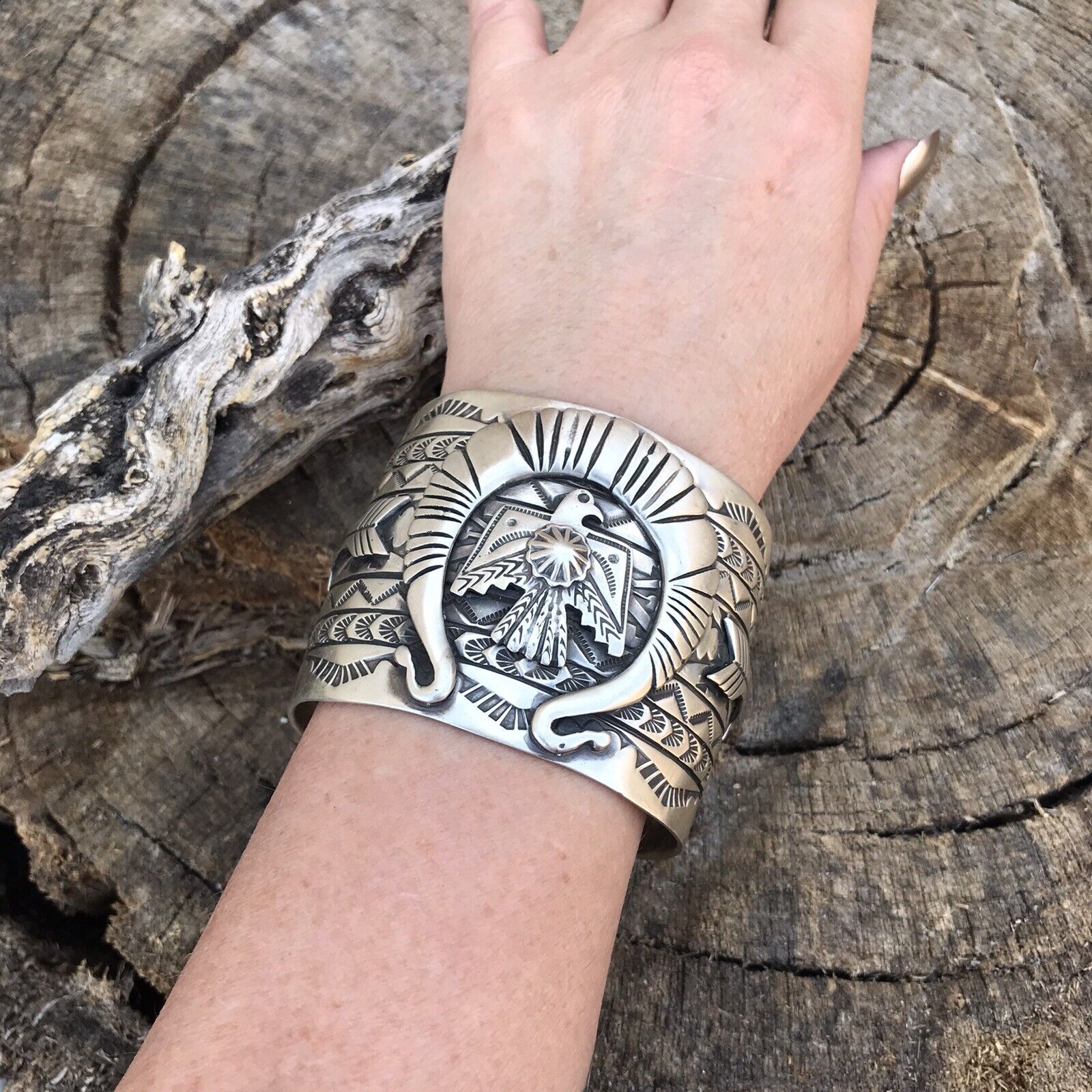 Sterling Silver Navajo Stamped Thunderbird Cuff Made By Rick Enrique