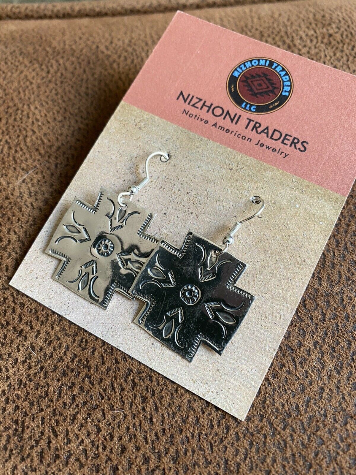 Navajo Sterling Silver Hand Stamped Cross Dangle Earrings Signed