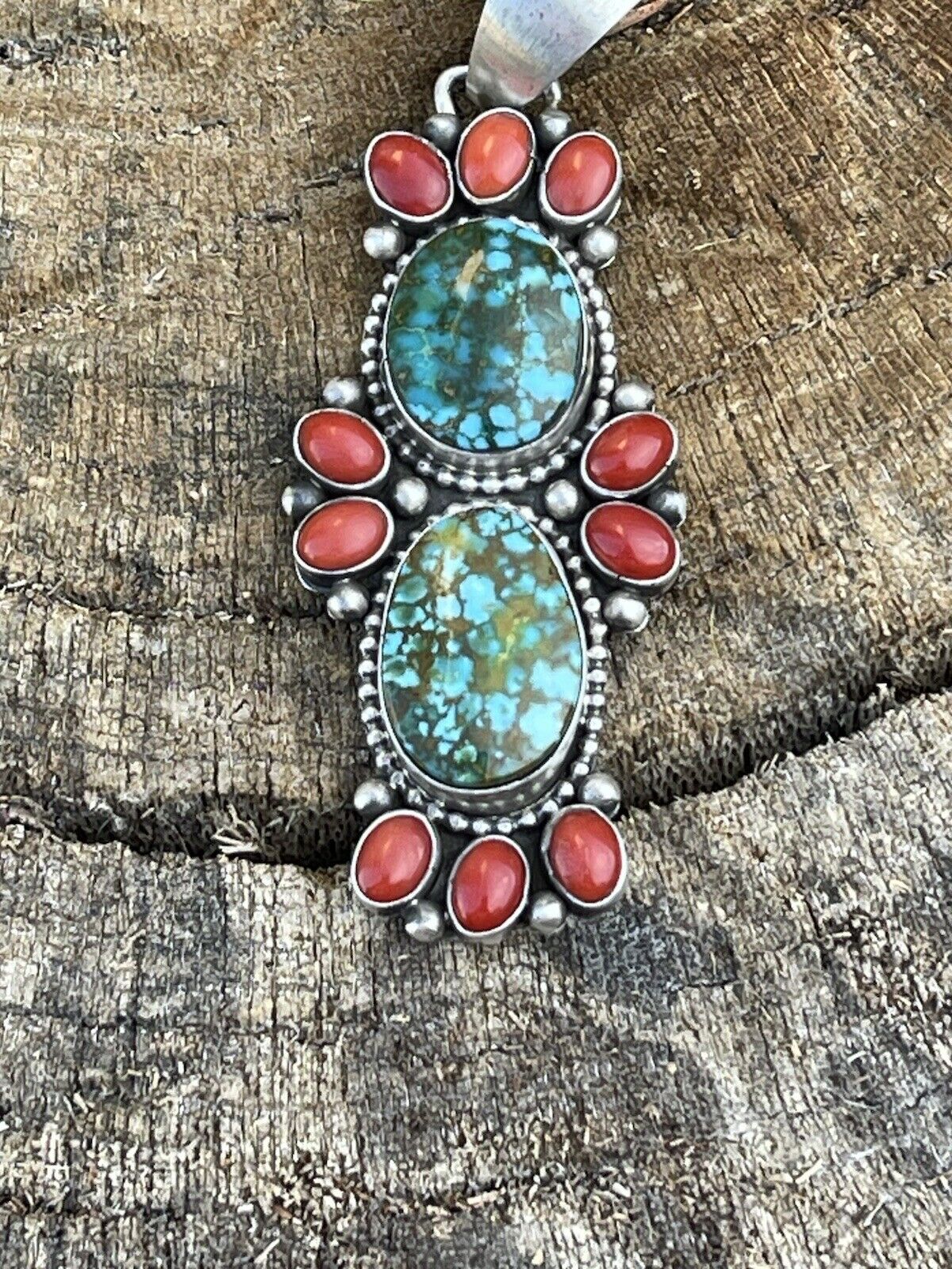 Navajo Sterling Kingman Web Turquoise & Red Coral Taos Pendant Bea Tom