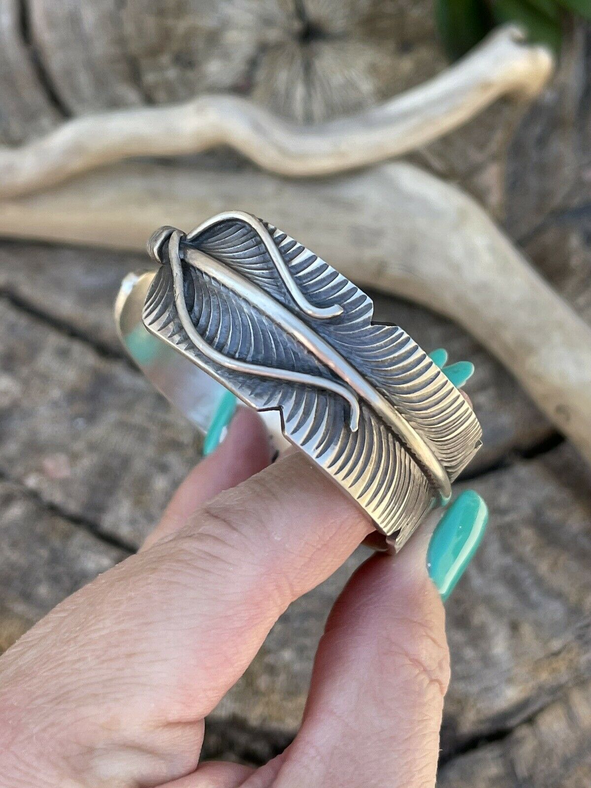 Navajo Sterling Silver Hand Stamped  Feather Bracelet Cuff