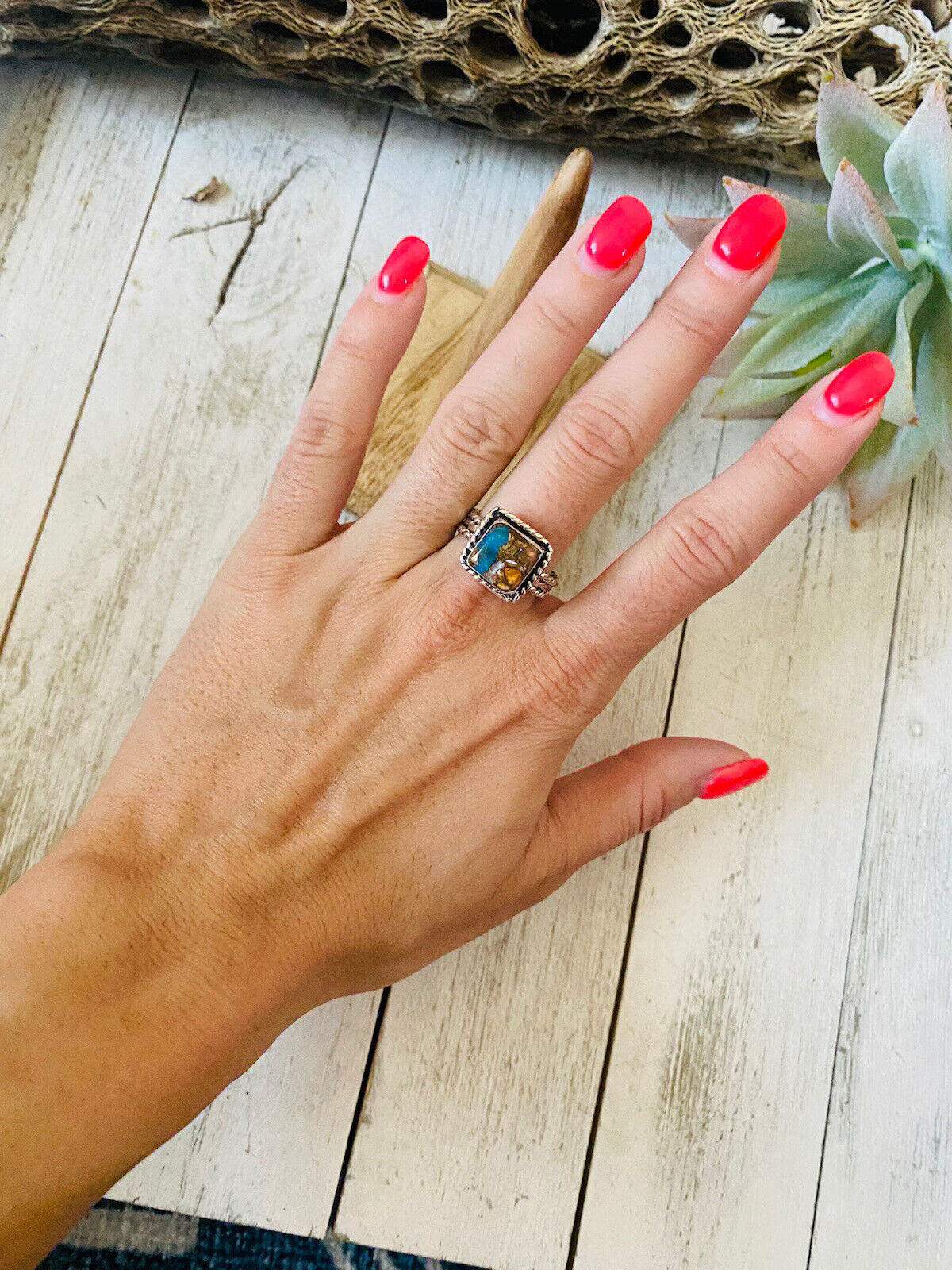 Navajo Sterling Silver & Multi Stone Spice Square Ring