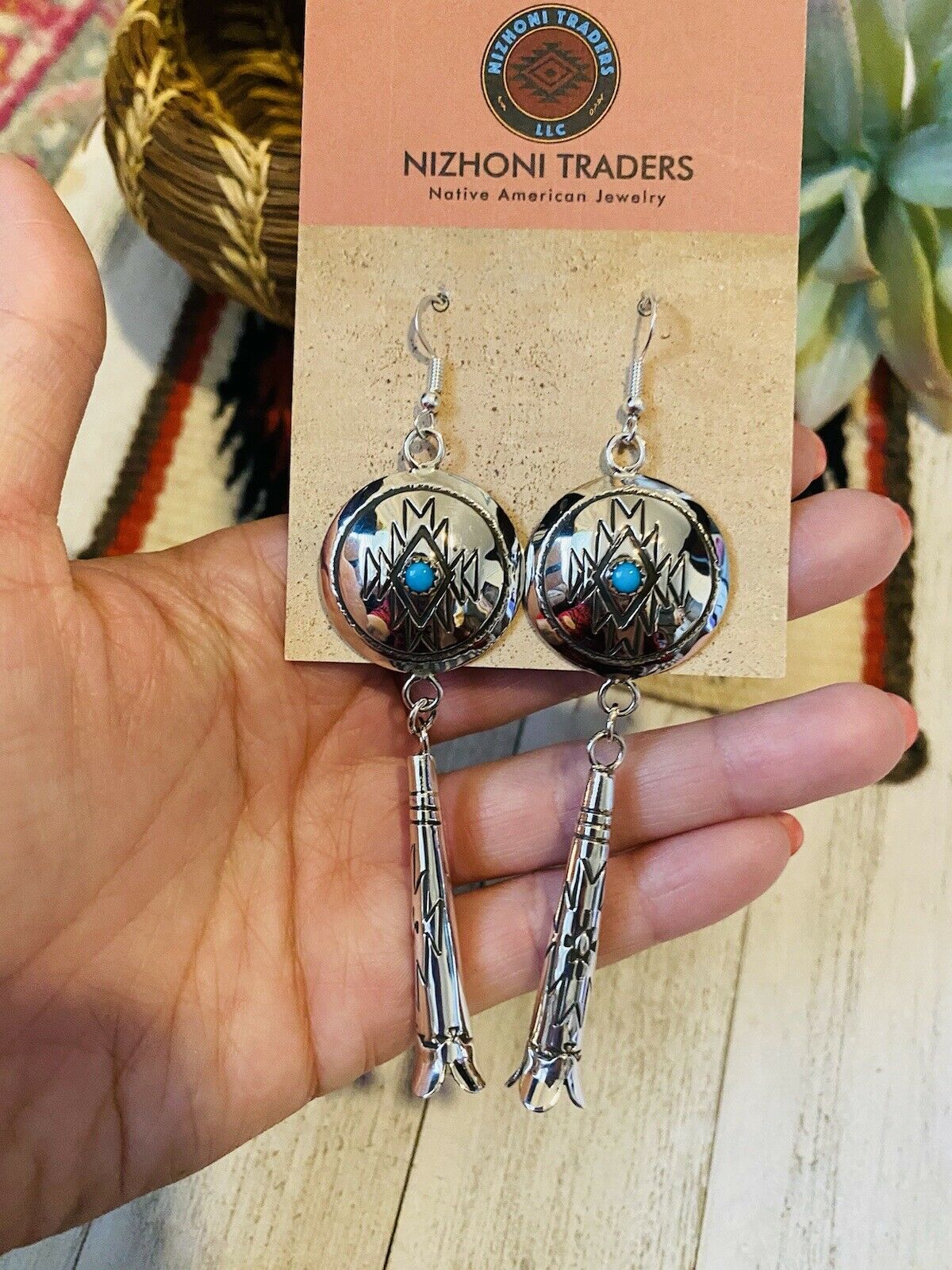 Navajo Turquoise & Sterling Silver Concho Dangle Earrings