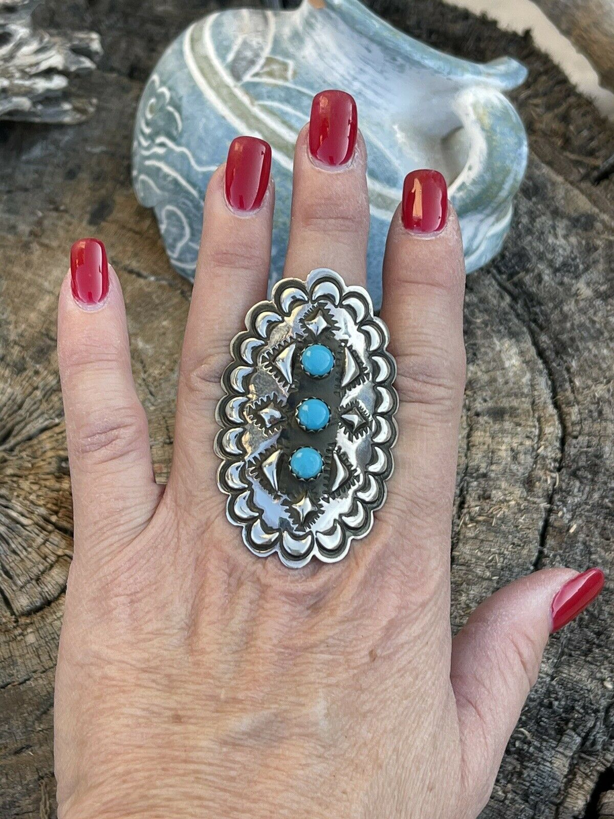 Navajo 3 Stone Turquoise & Sterling Silver Concho Ring Adjustable Signed L.Tahe