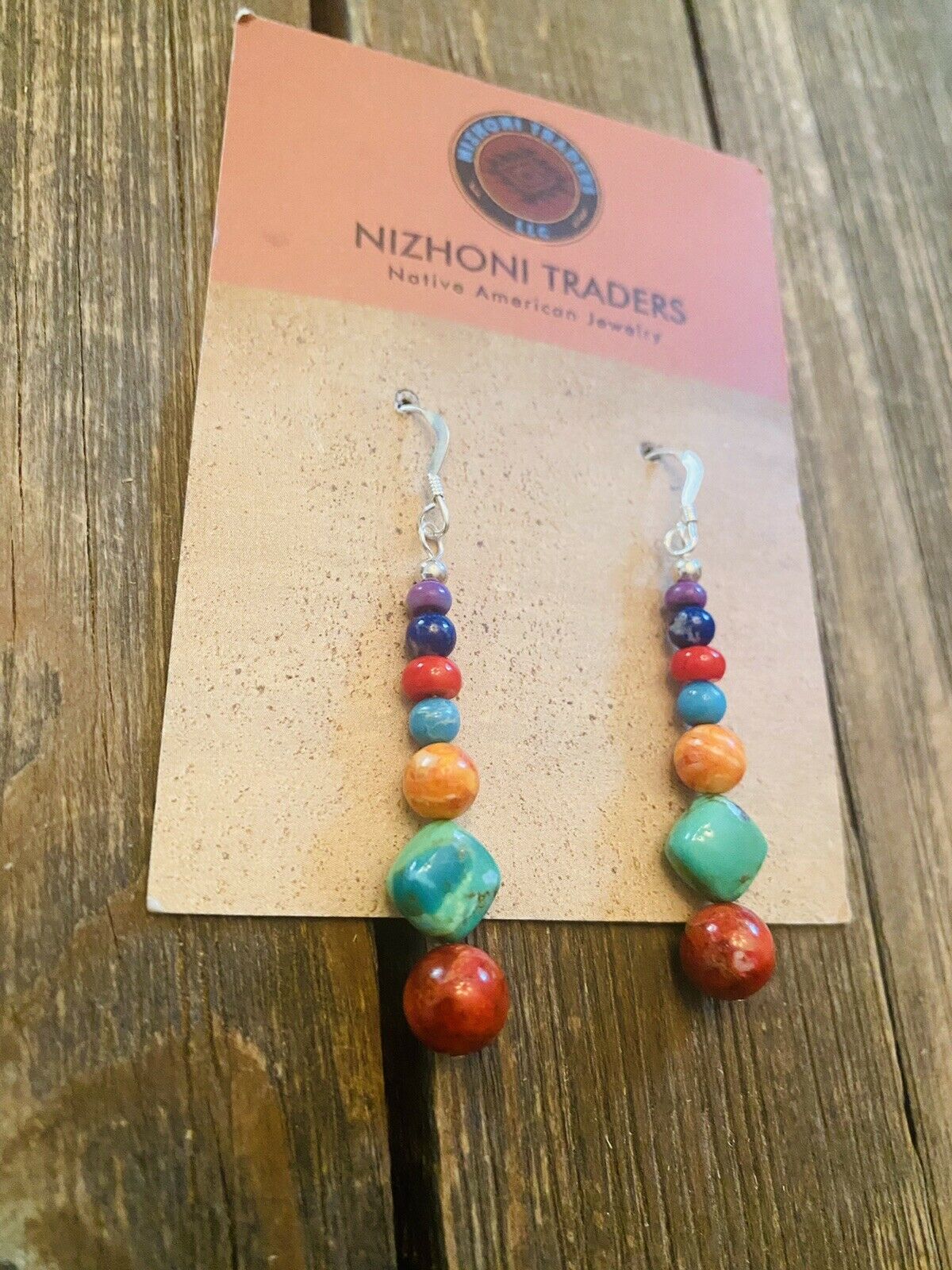 Navajo Sterling Silver Multi Stone Beaded Dangle Earrings