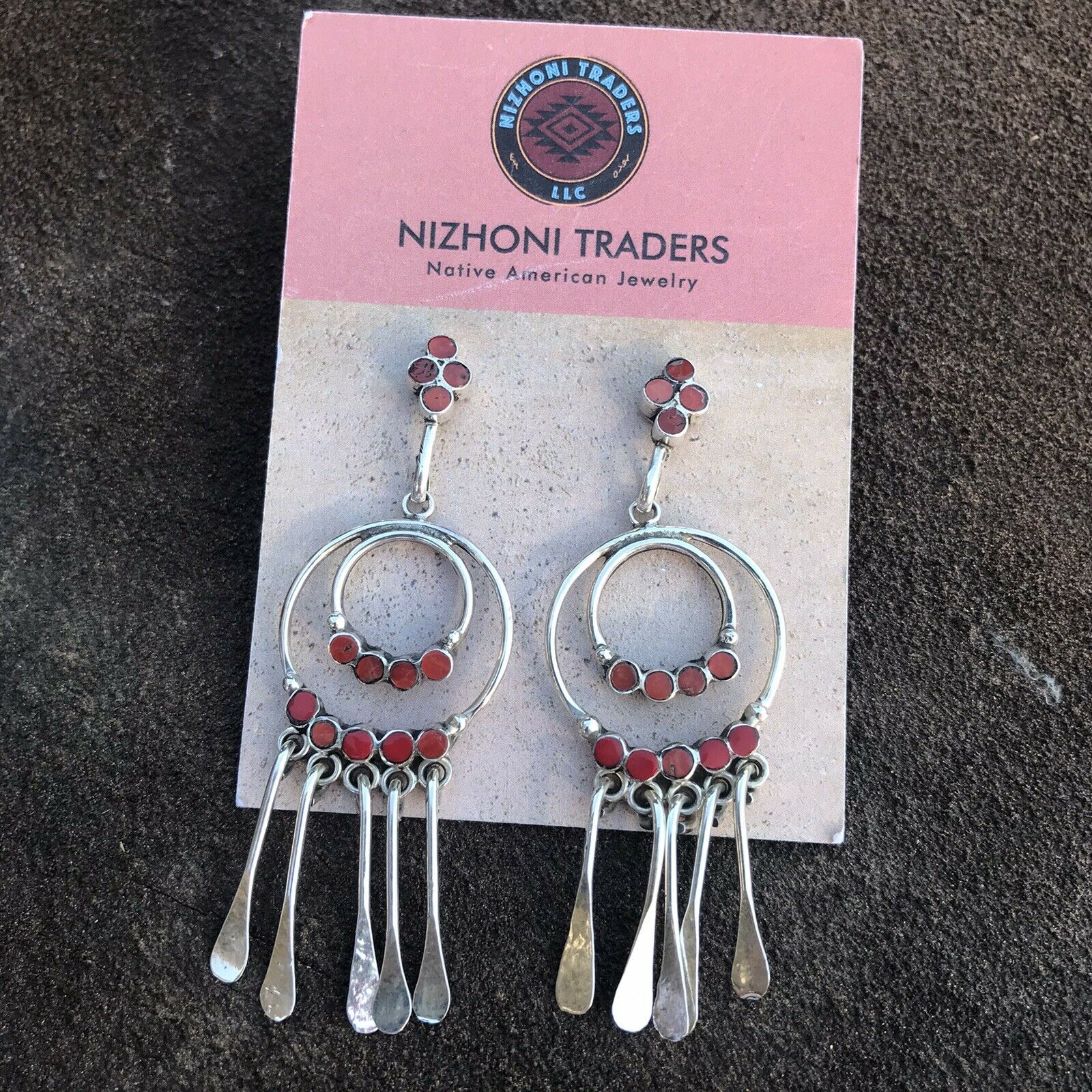 Vintage Navajo Sterling Silver Natural Red Coral Dangle Earrings