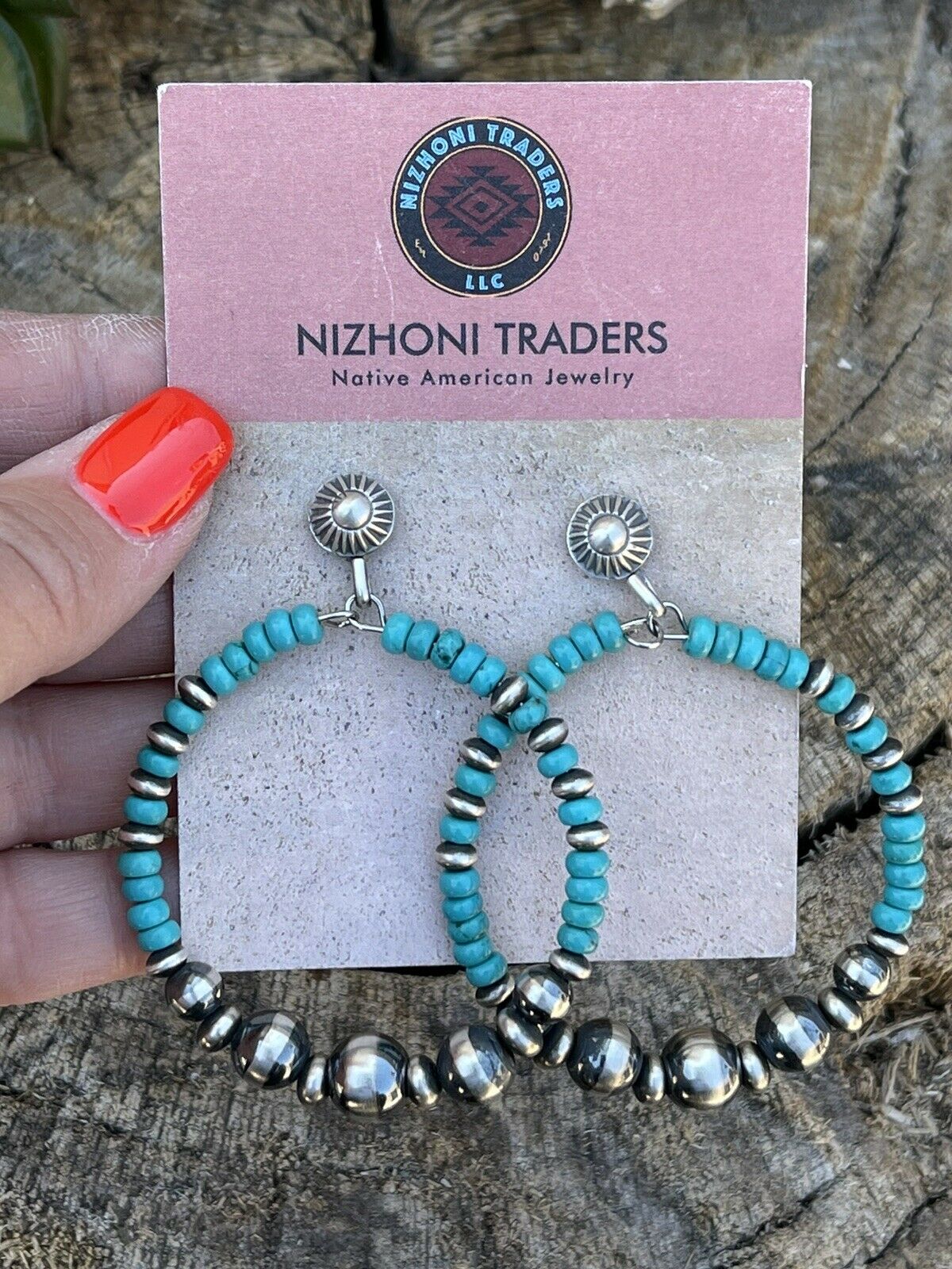 Navajo Sterling Silver Turquoise Stone Post Hoop Earrings