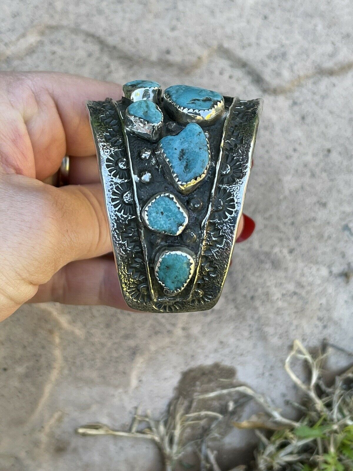 Navajo Turquoise & Sterling Silver Tufa Cast Tribal Cuff Signed Delbert Arviso