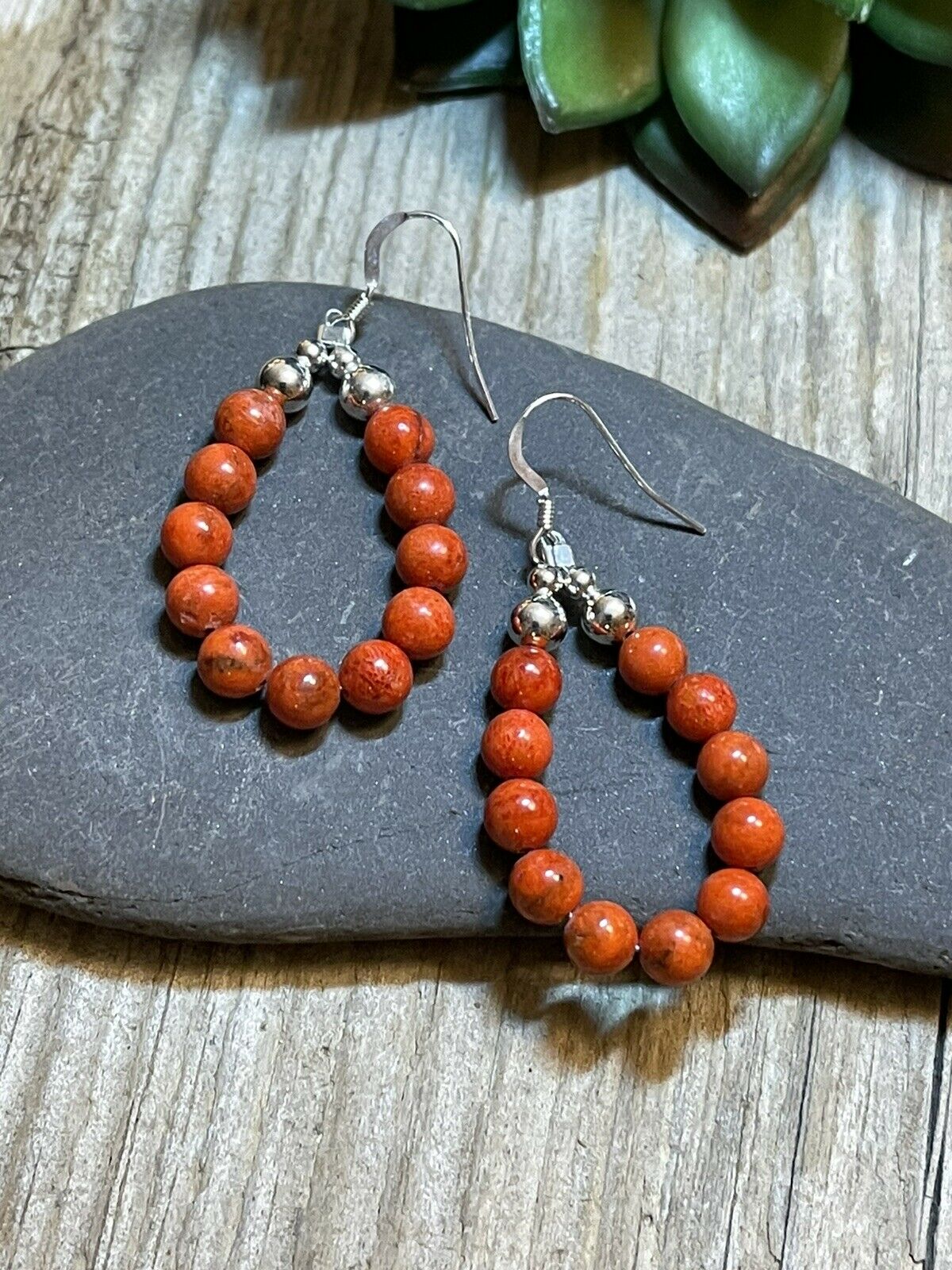 Navajo Sterling Silver Apple Coral 11 Beaded Dangle Earrings