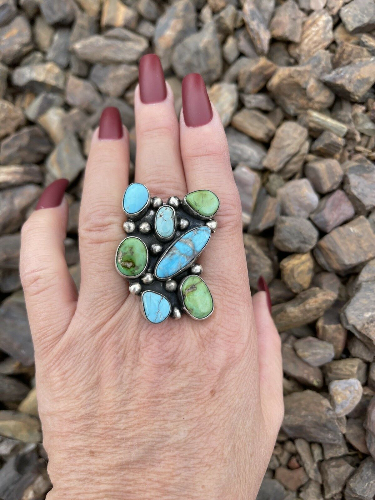 Navajo Sterling Sonoran Gold And Golden Hills Turquoise Cluster Ring Size 6.5