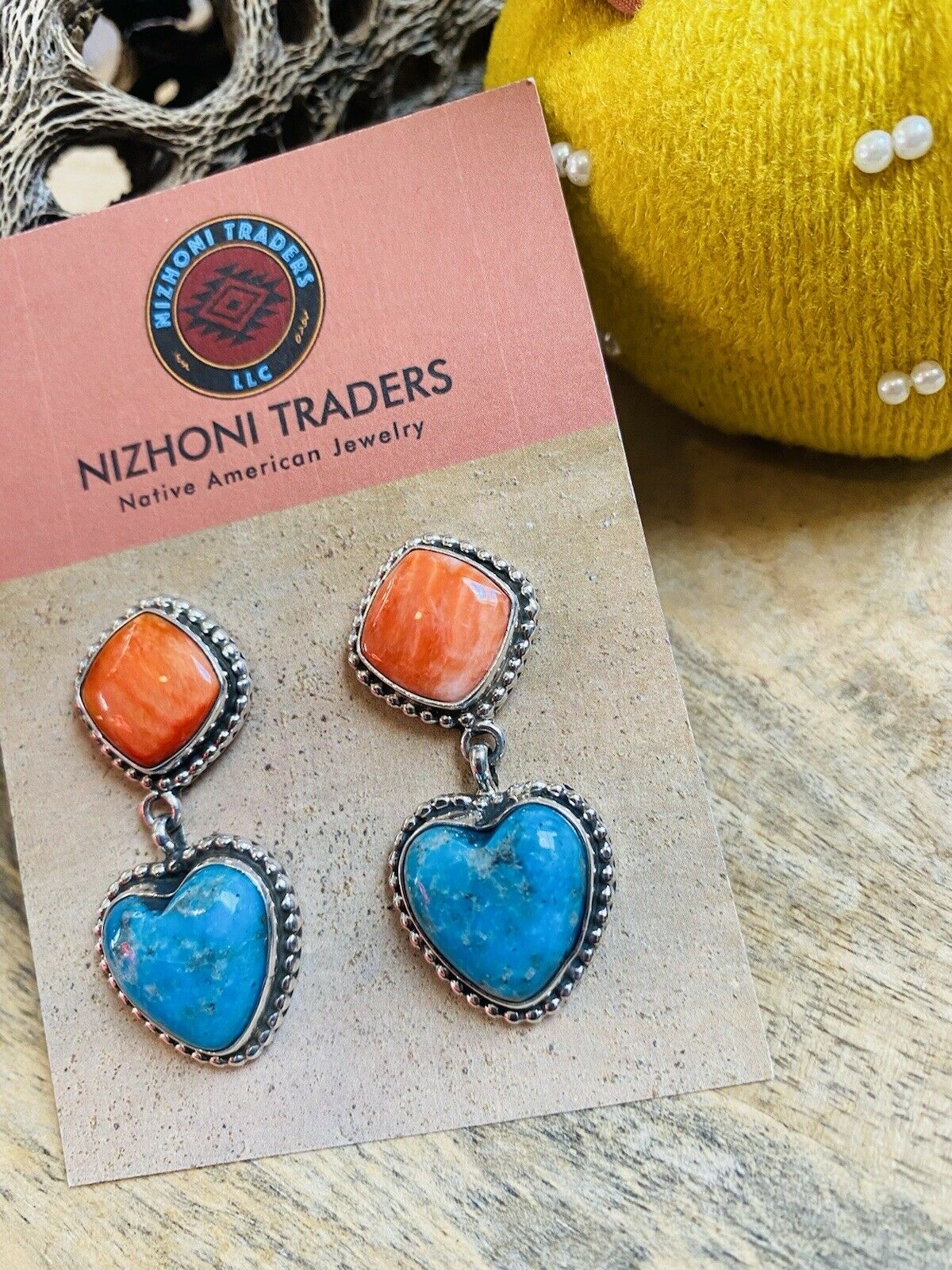 Navajo Sterling Silver, Orange Spiny & Turquoise Heart Dangle Earrings