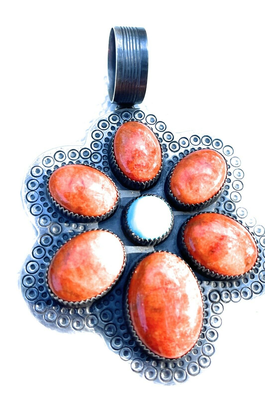 Navajo Sterling Silver Turquoise & Orange Spiny Flower Pendant Signed