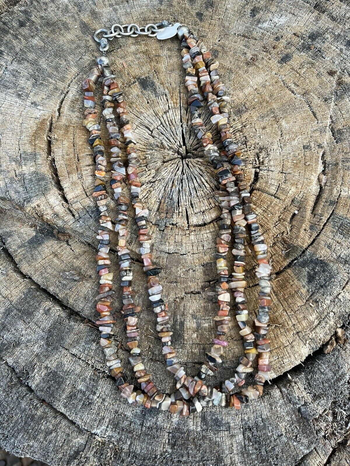 Navajo Sterling Silver Multi Jasper Chip Triple Strand Necklace