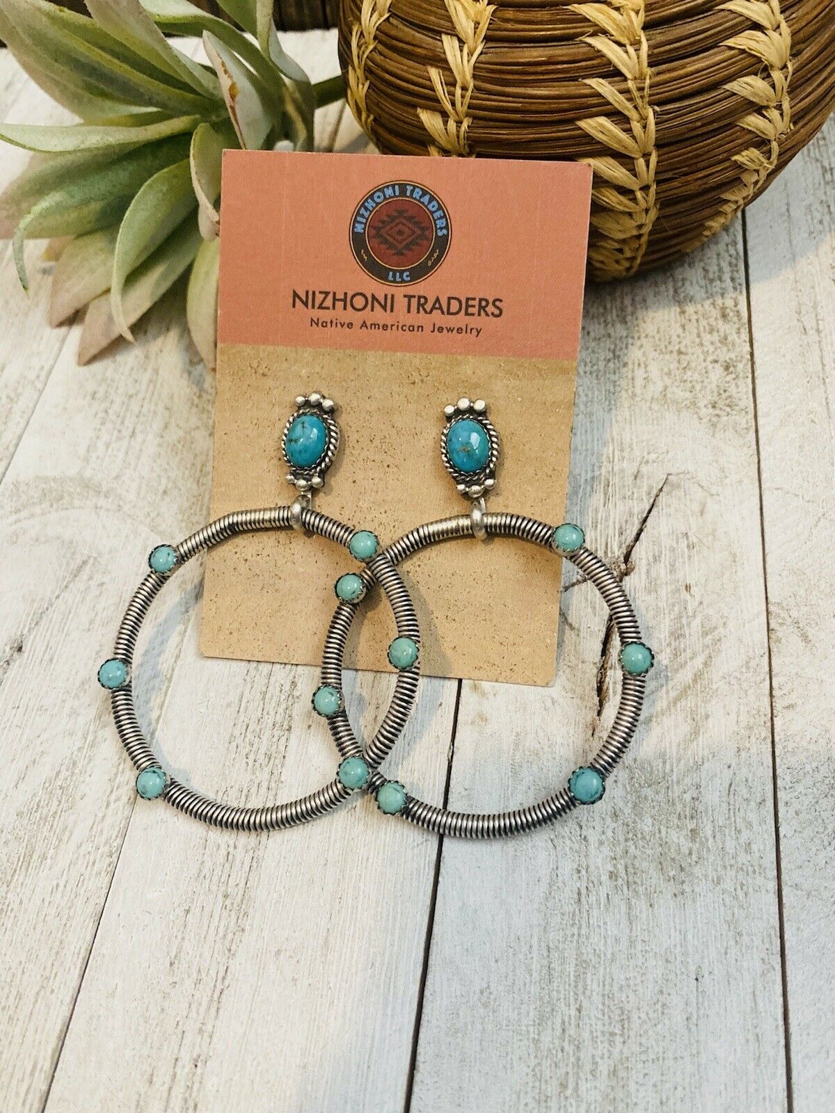 Navajo Turquoise & Sterling Silver Dangle Hoop Earrings