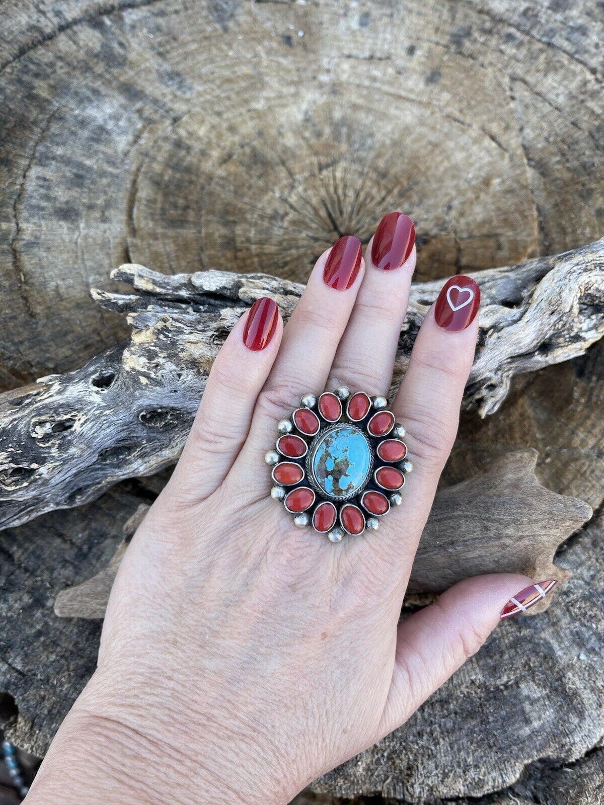 NAVAJO top STERLING SILVER SILVER INLAID RED CORAL & TURQUOISE OLD PAWN SZ 12