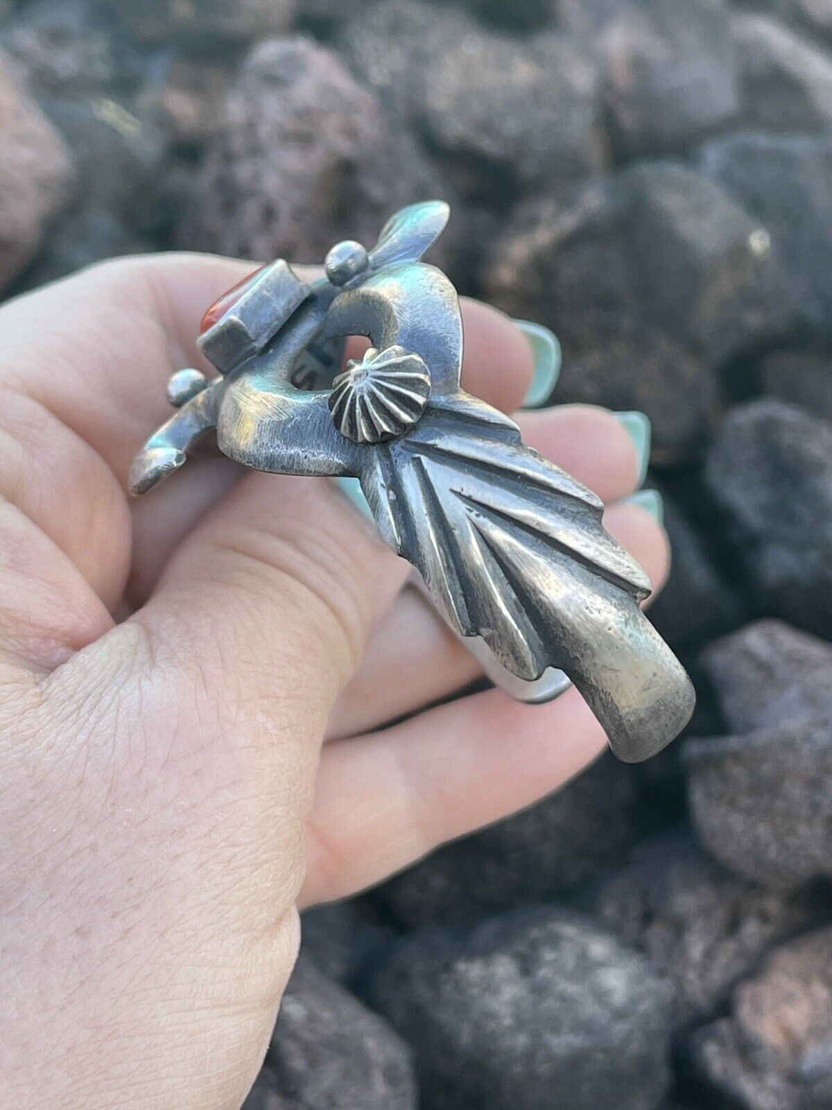 Navajo Natural Red Coral Sterling Silver Cuff By Artist Chimney Butte