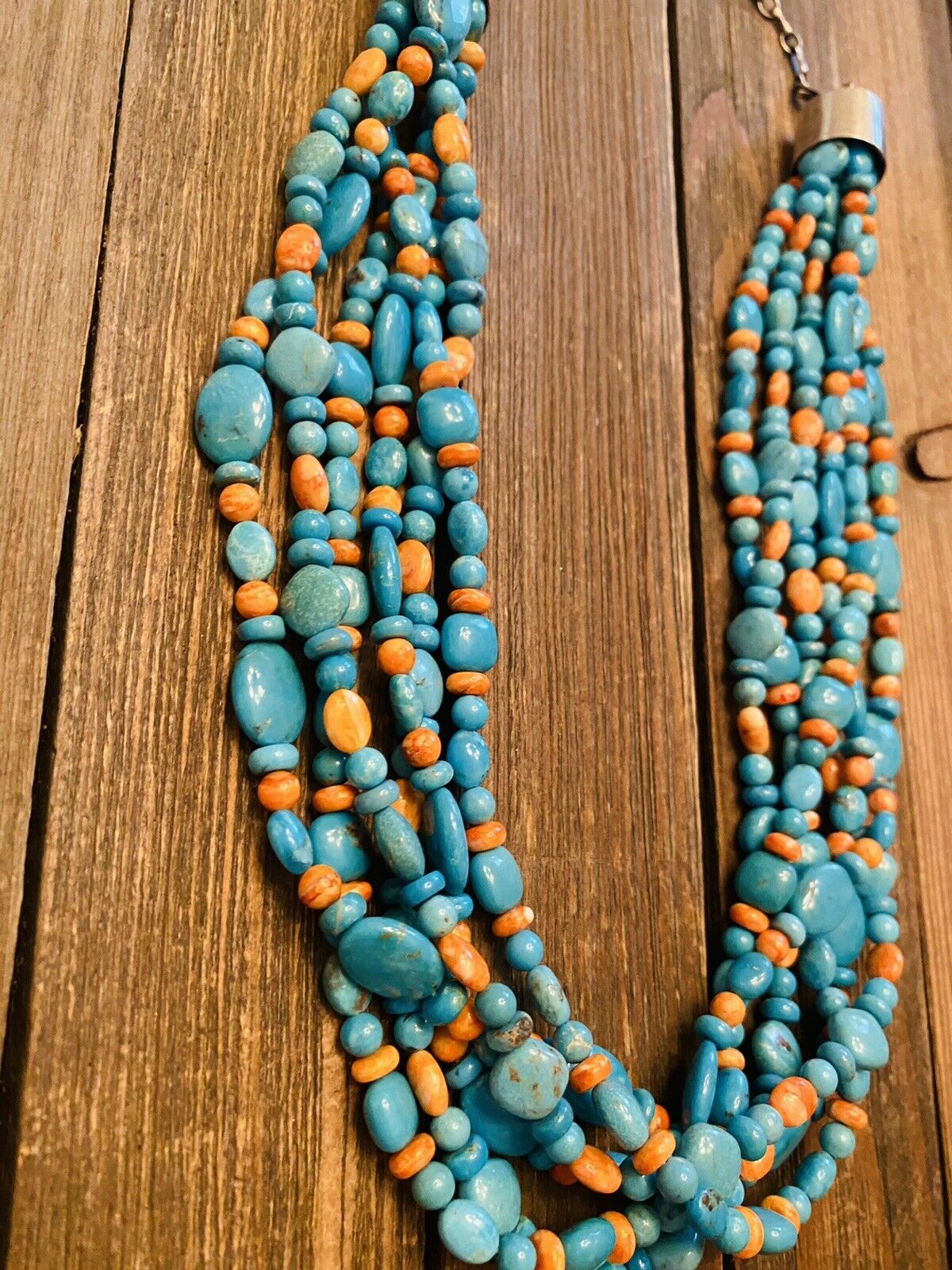 Navajo Sterling Silver & Turquoise Beaded 10 Strand Necklace