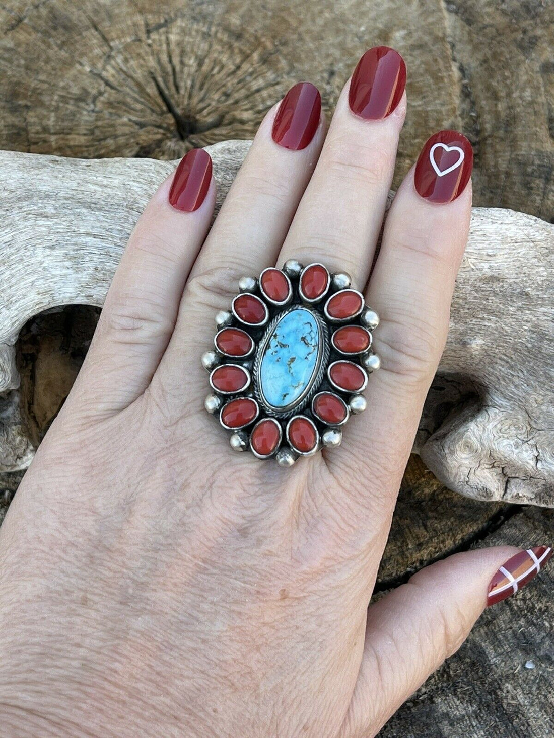 Handcrafted Sterling Silver Kingman Web Turquoise & Red Coral Taos Ring Sz 7.5