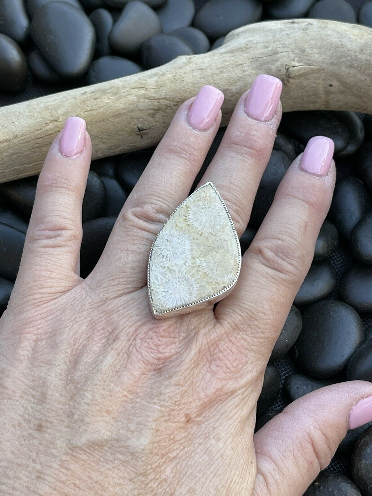 Navajo Fossilized Coral & Sterling Silver Adjustable Ring Signed