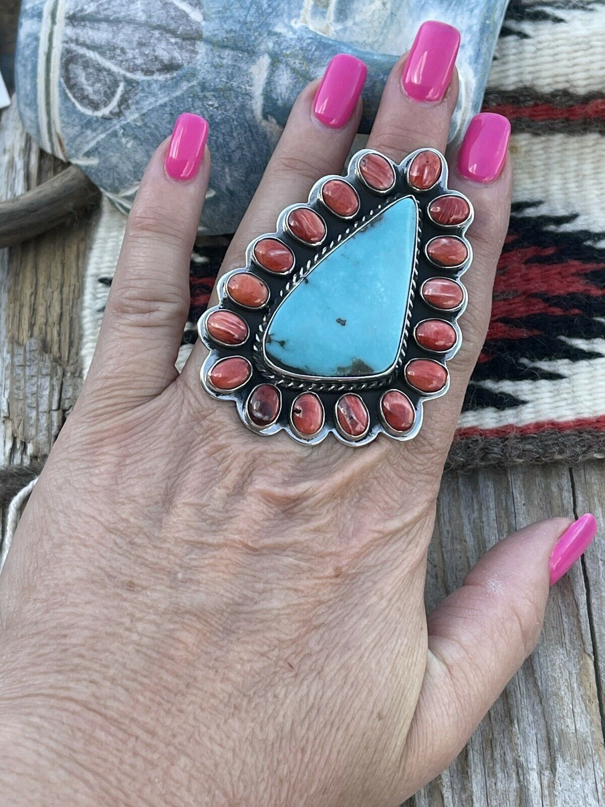 Navajo Cluster Fox Turquoise Spiny Sterling Silver Ring Sz Is Adjustable