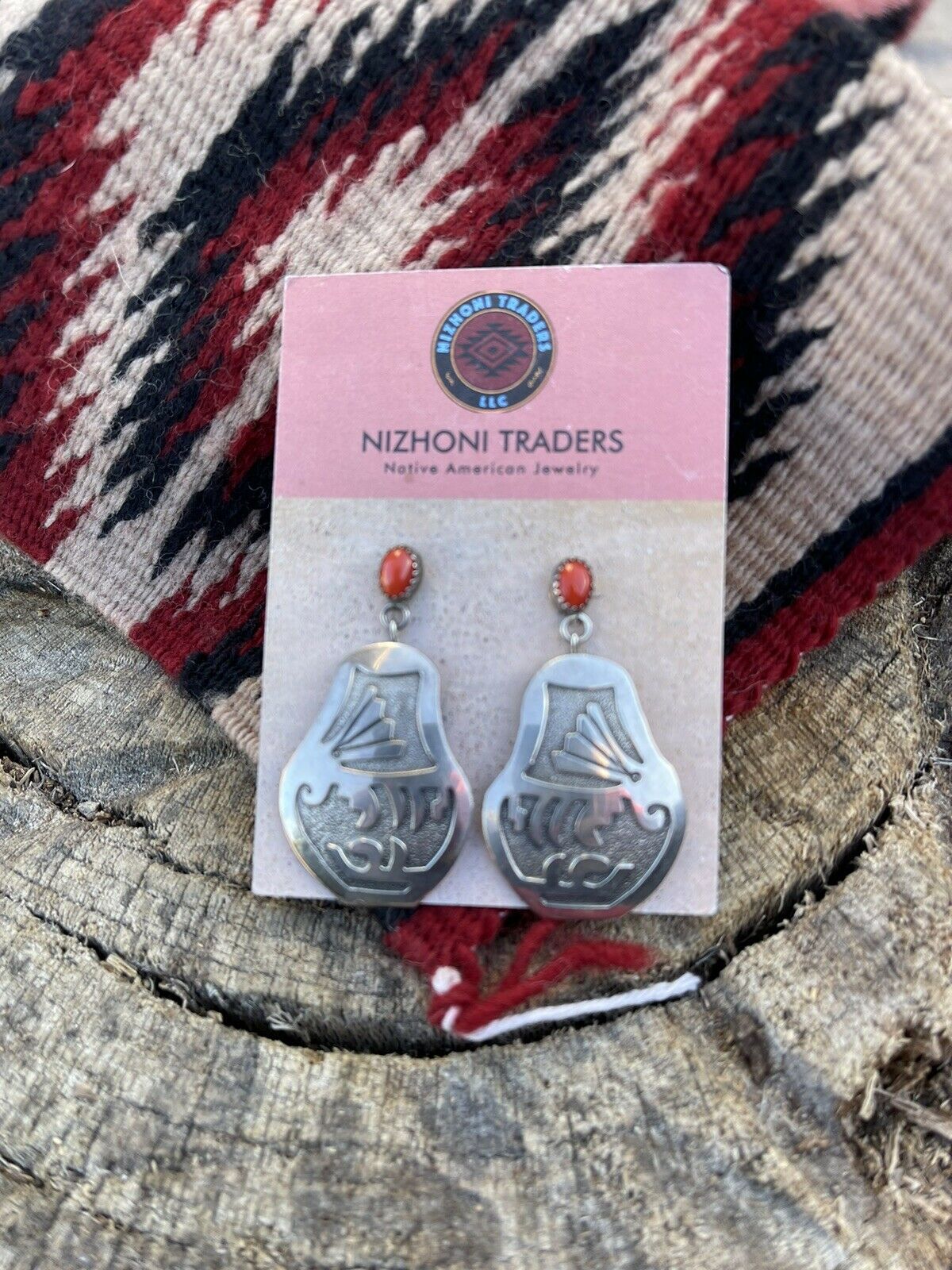 Vintage Navajo Sterling Natural Red Coral Dangle Pottery Earrings