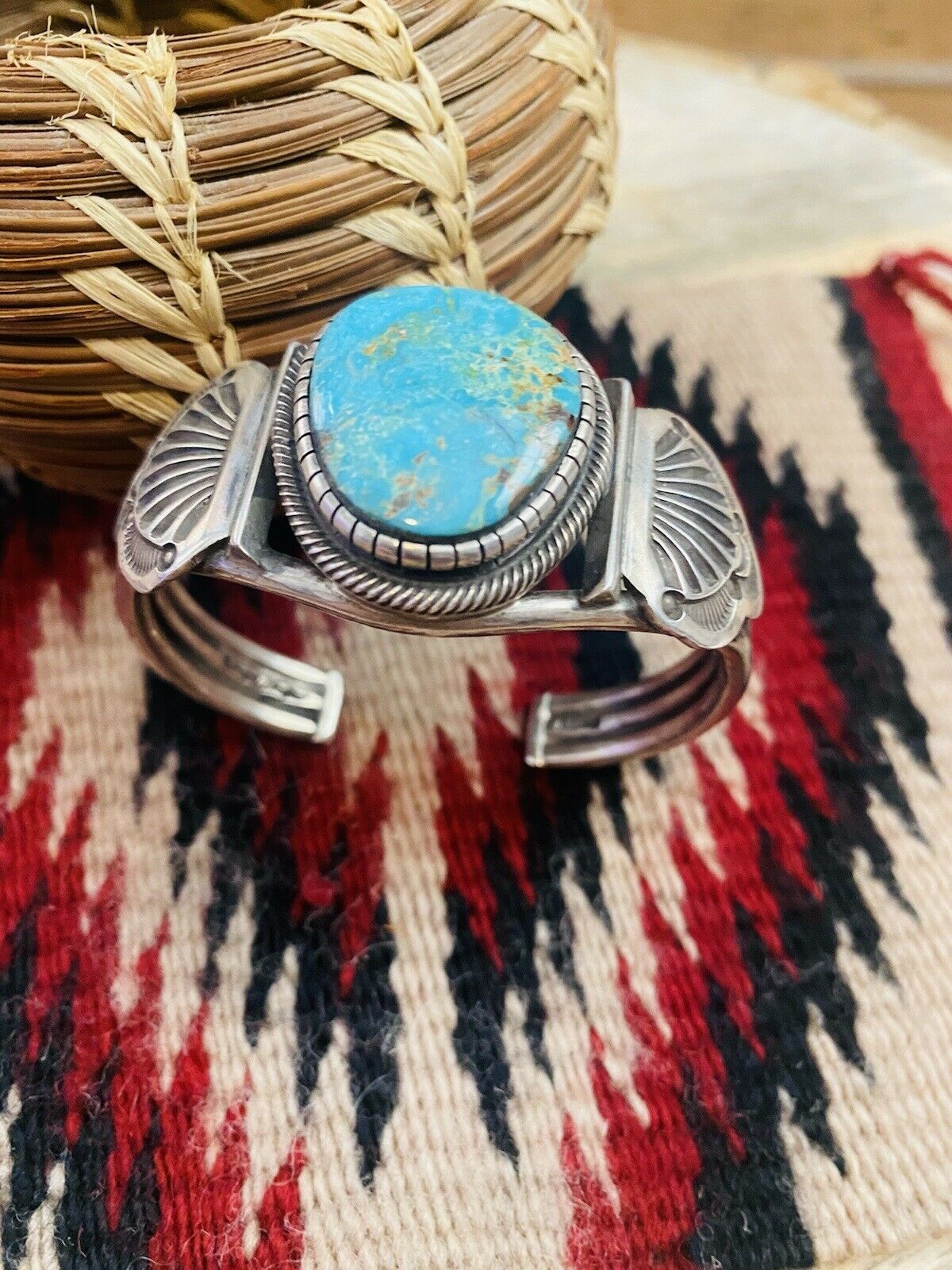 Vintage Navajo Turquoise & Sterling Silver Cuff Bracelet Signed