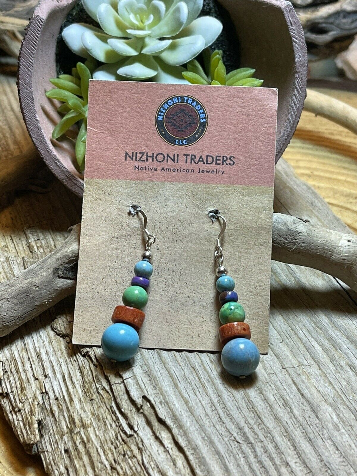 Navajo Sterling Silver Multi Stone Round Bead Dangle Earrings