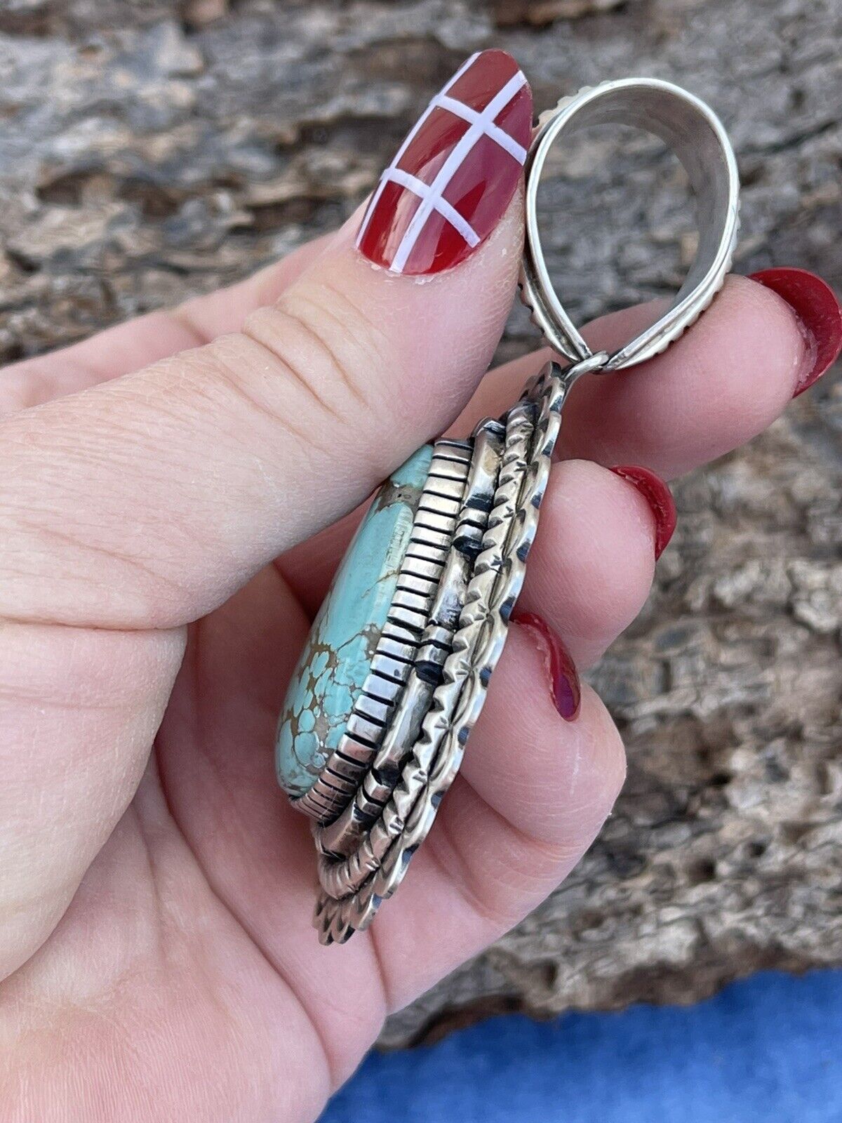 Navajo Number 8  Turquoise & Sterling Silver Jumbo Pendant Signed