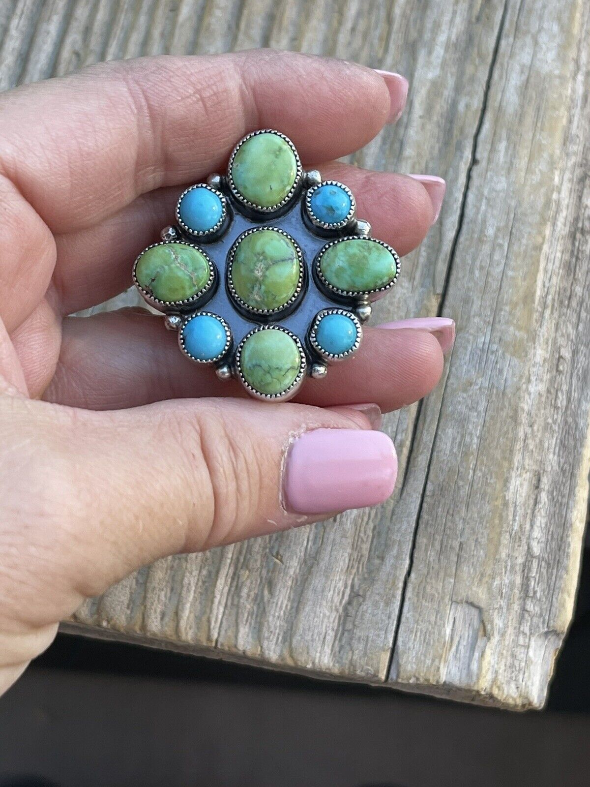 Navajo Sterling Sonoran Gold And Golden Hills Turquoise Cluster Ring Size 7