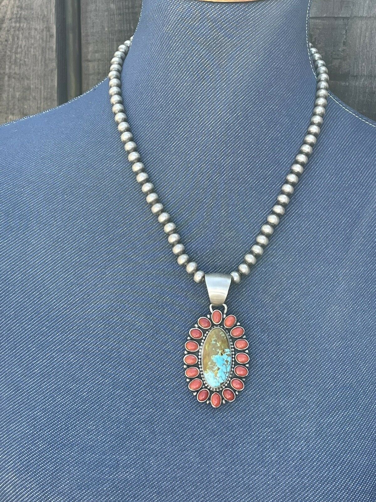 Navajo Sterling Silver Kingman Web Turquoise & Red Coral Taos Cluster Pendant