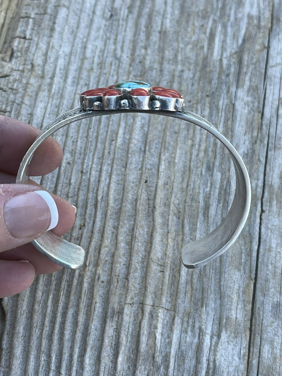 Navajo Sterling Kingman Web Turquoise & Red Coral Taos Bracelet Cuff