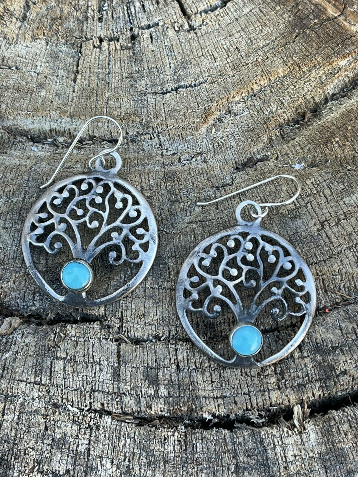 Navajo Sterling Silver Turquoise Tree Of Life Dangle Earrings