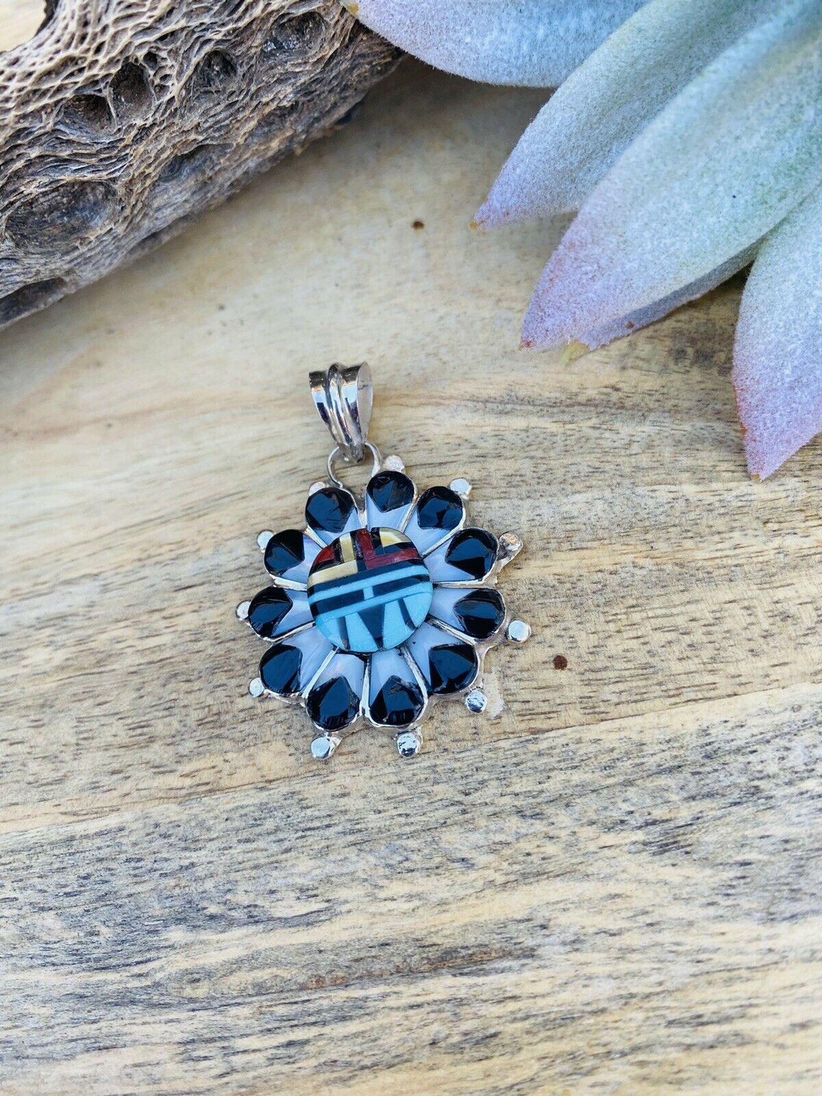 Vintage Zuni Multi Stone & Sterling Silver Inlay Sun Face Pendant