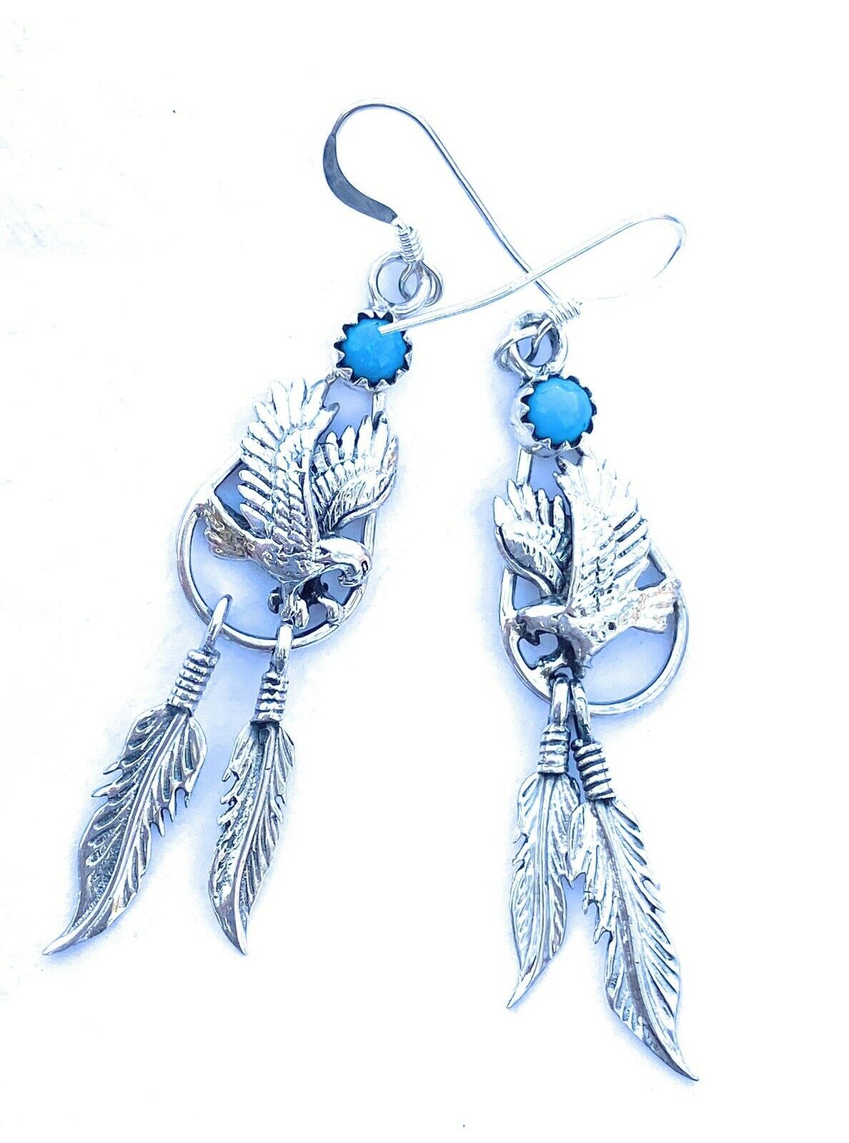 Navajo Sterling Silver  Turquoise Feather Dangle Earrings