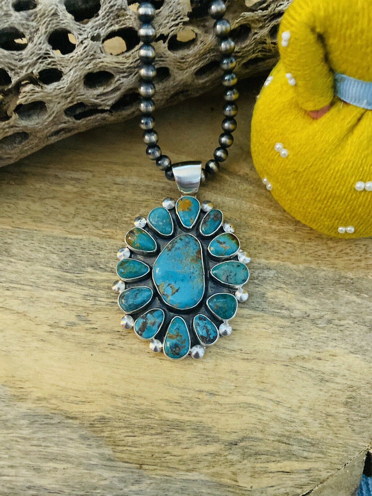 Navajo Sterling Silver & Multi Turquoise Cluster Pendant Signed