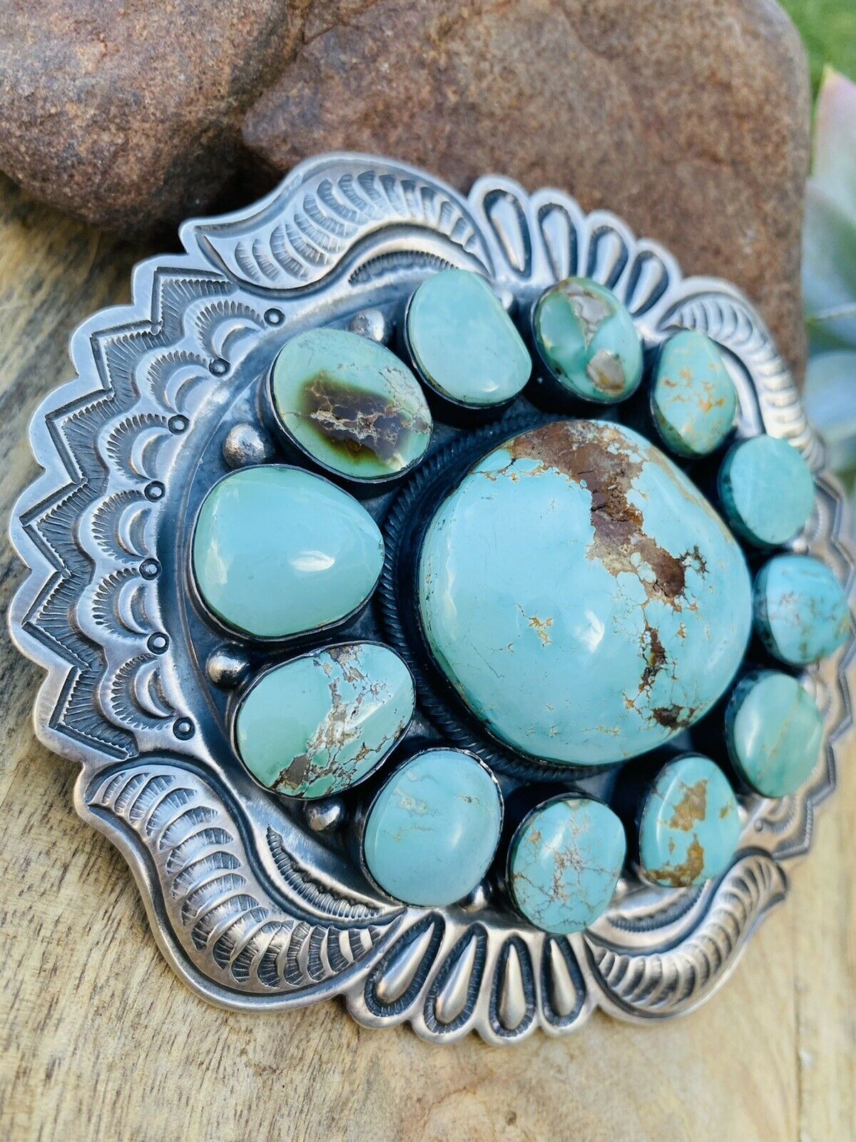 Native authentic initialed turquoise Stirling belt buckle