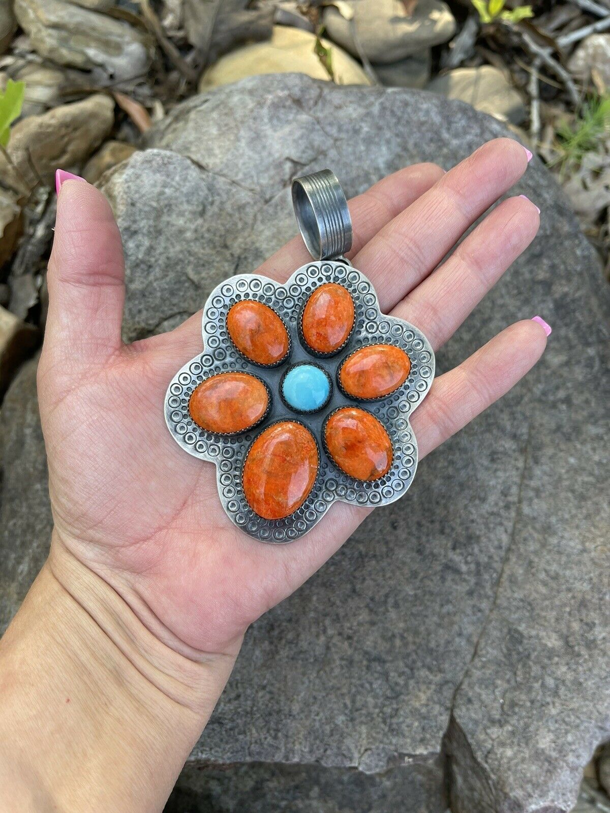 Navajo Sterling Silver Turquoise & Orange Spiny Flower Pendant Signed