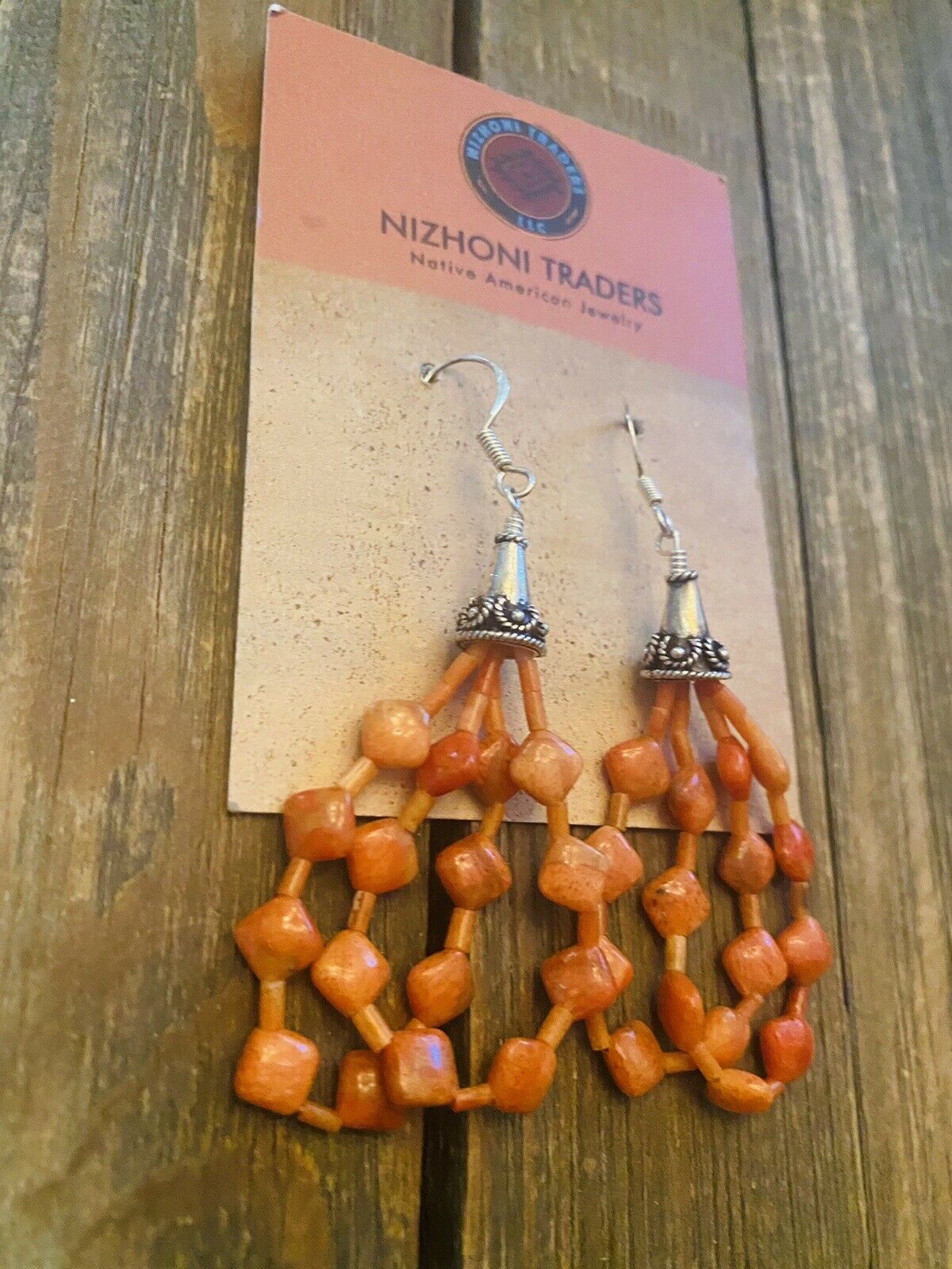 Navajo Sterling Silver Apple Coral Beaded Dangle Earrings