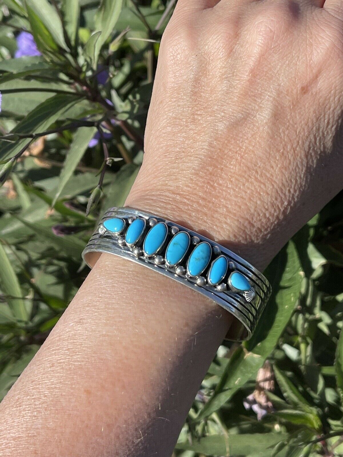 Navajo Sterling & Kingman Turquoise Stacker Cuff Bracelet Artist R. Bennett