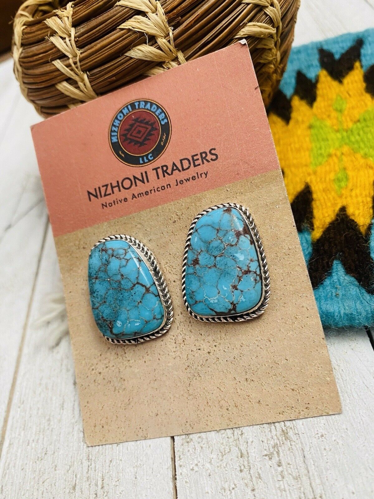 Navajo Kingman Turquoise & Sterling Silver Stud Earrings Signed