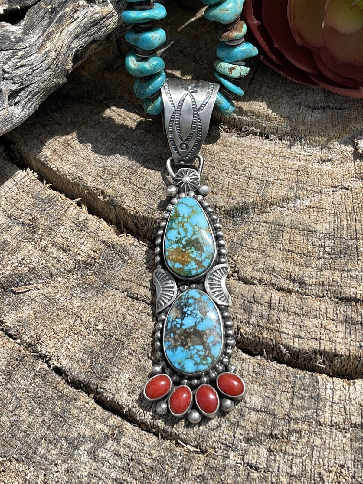 Navajo Sterling Kingman Web Turquoise & Red Coral Taos Pendant Danny Clark