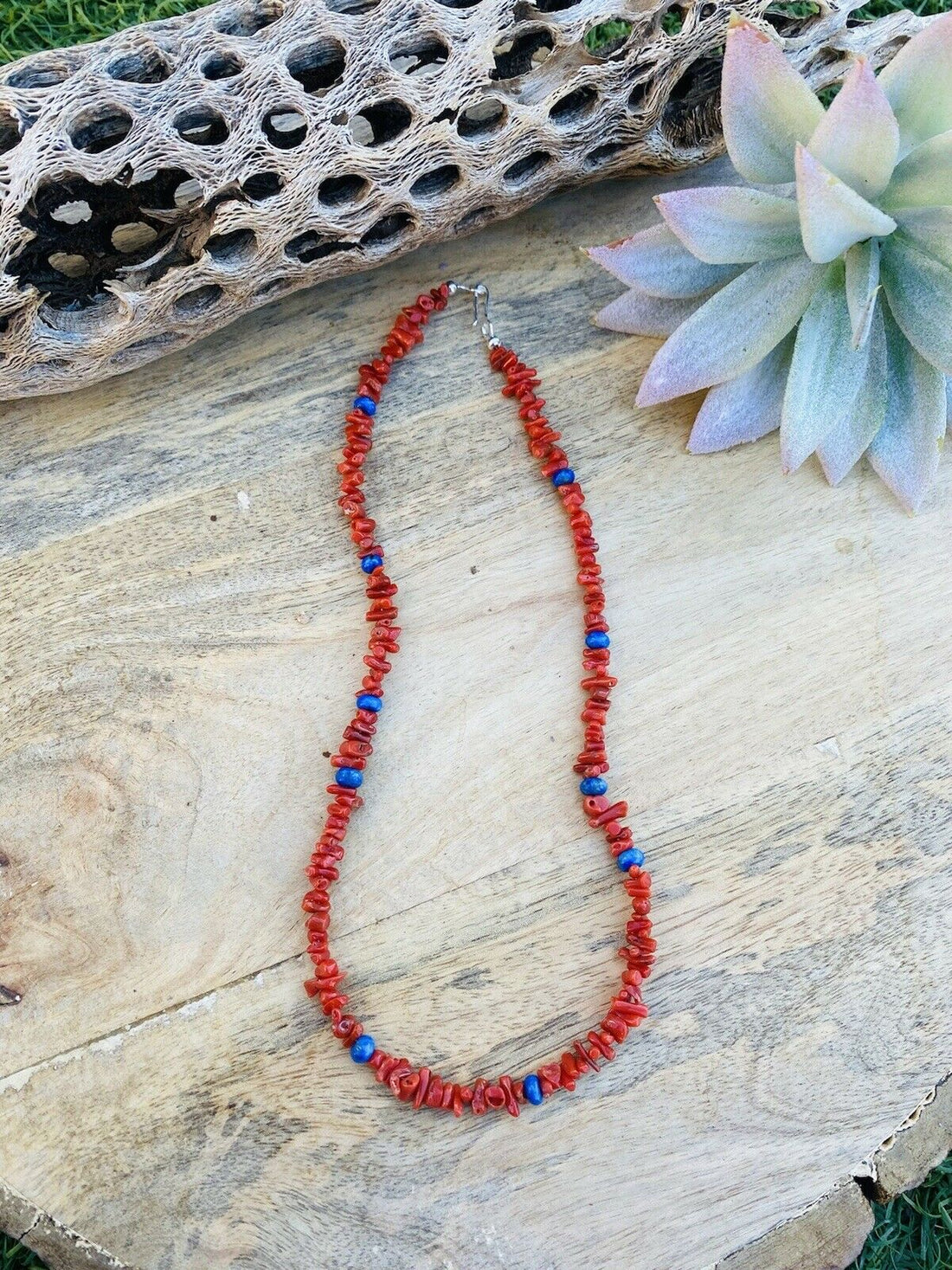 Handcrafted Apple Coral & Lapis Beaded Necklace 16"
