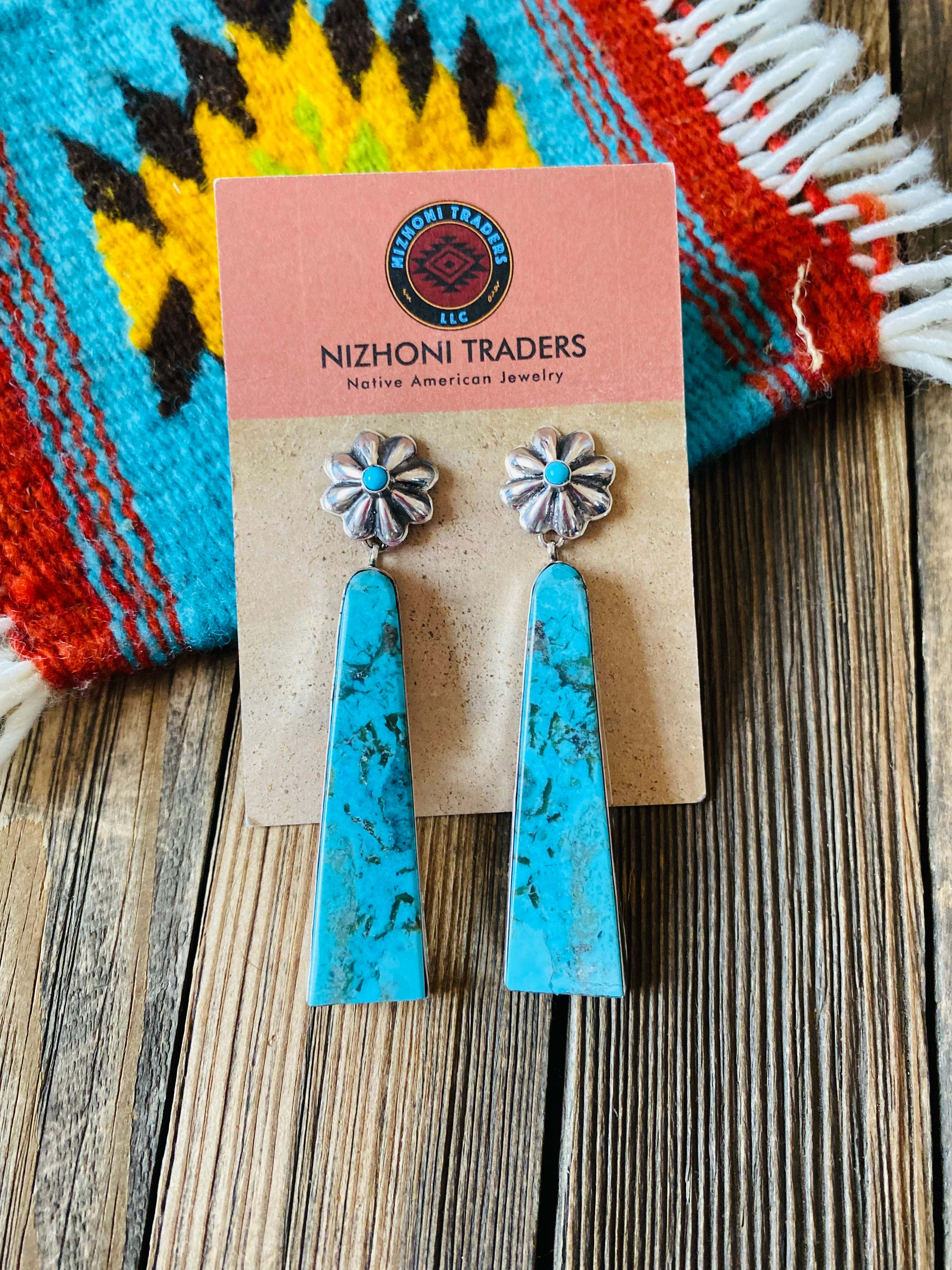 Navajo Sterling Silver & Turquoise Slab Concho Dangle Earrings