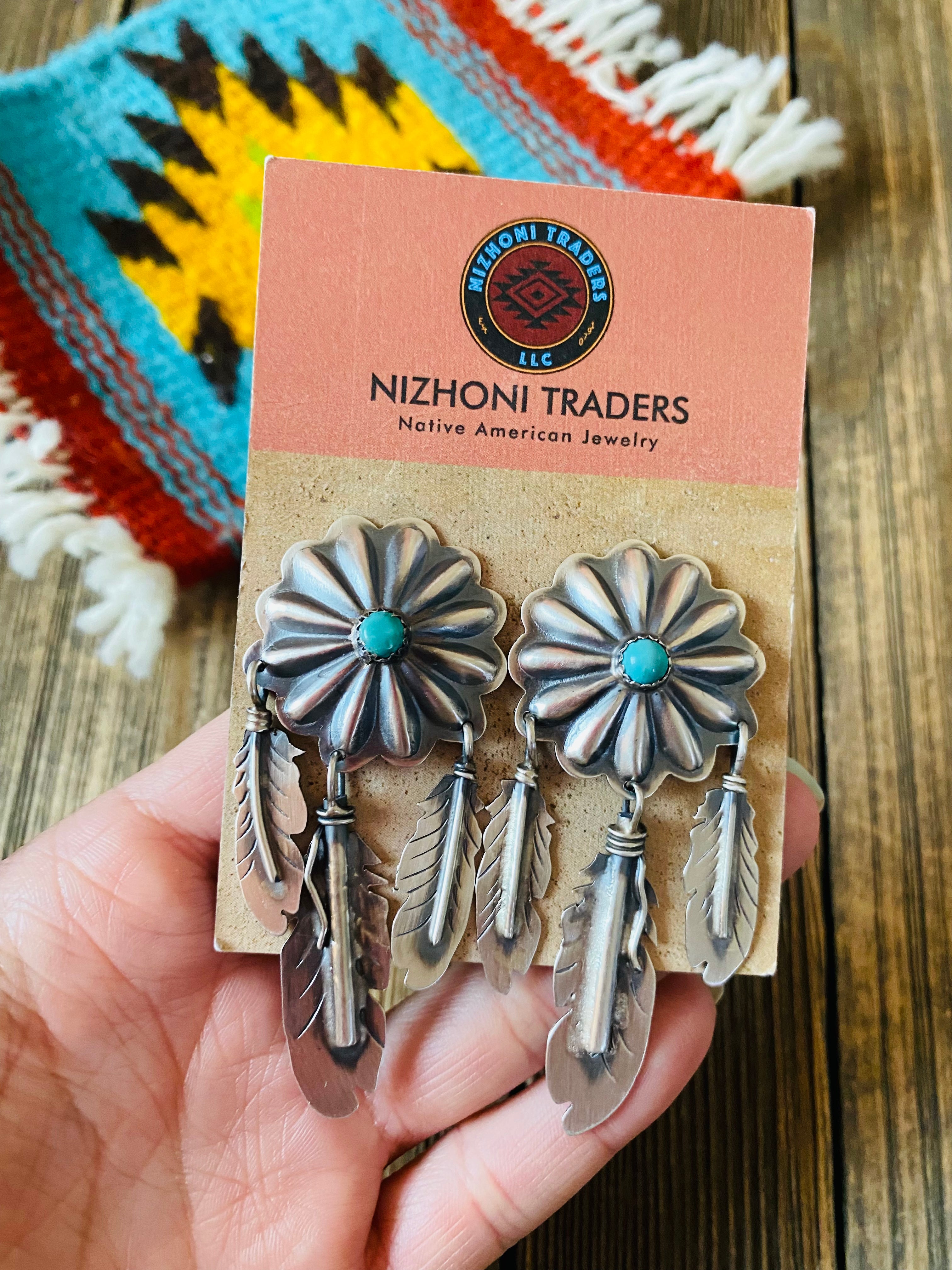 Navajo Sterling Silver & Turquoise Concho Feather Dangle Earrings