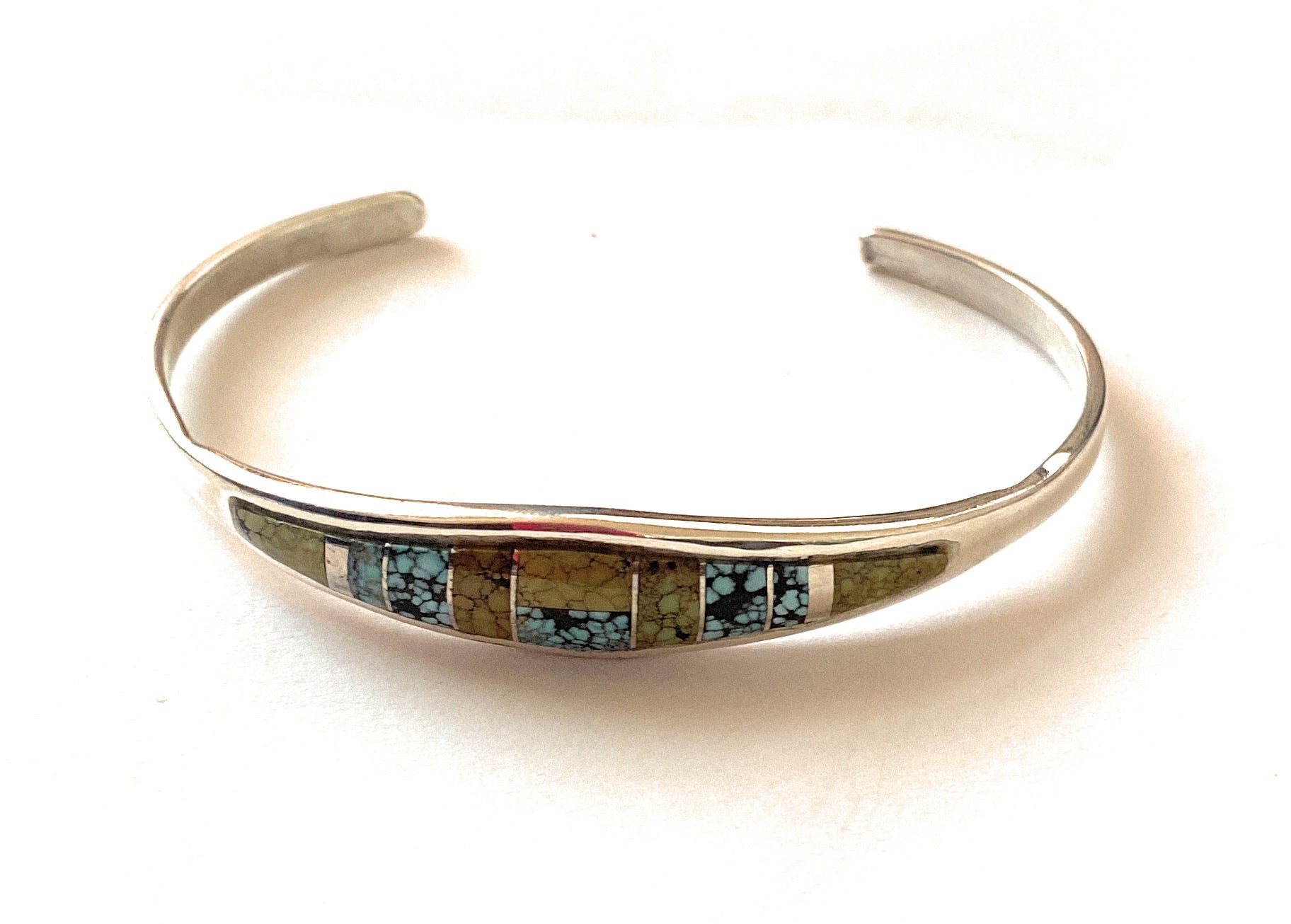 Navajo Sterling Silver & Natural Blue Moon Turquoise Inlay Cuff Bracelet