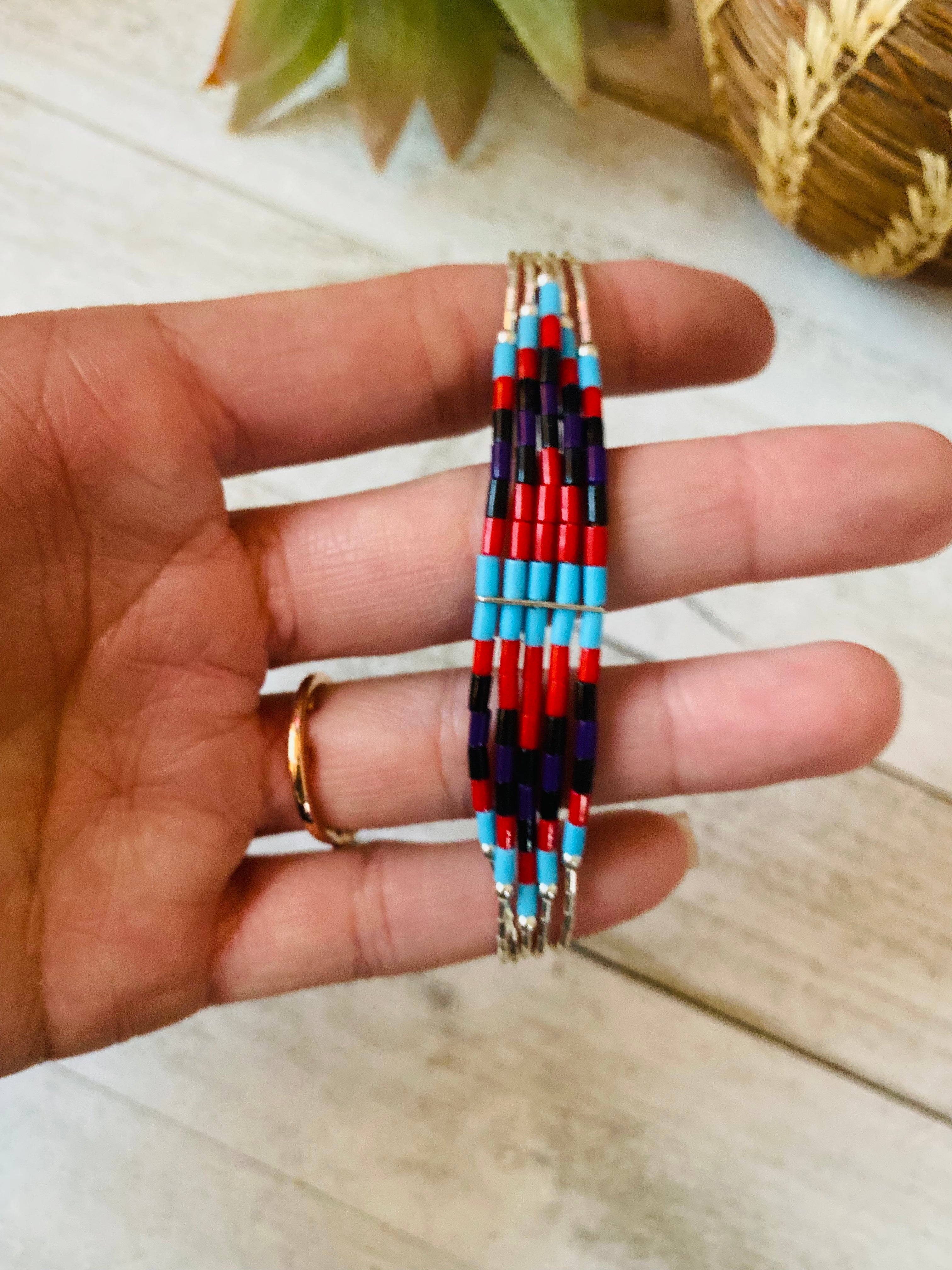 Navajo Multi Stone & Sterling Liquid Silver Beaded Bracelet