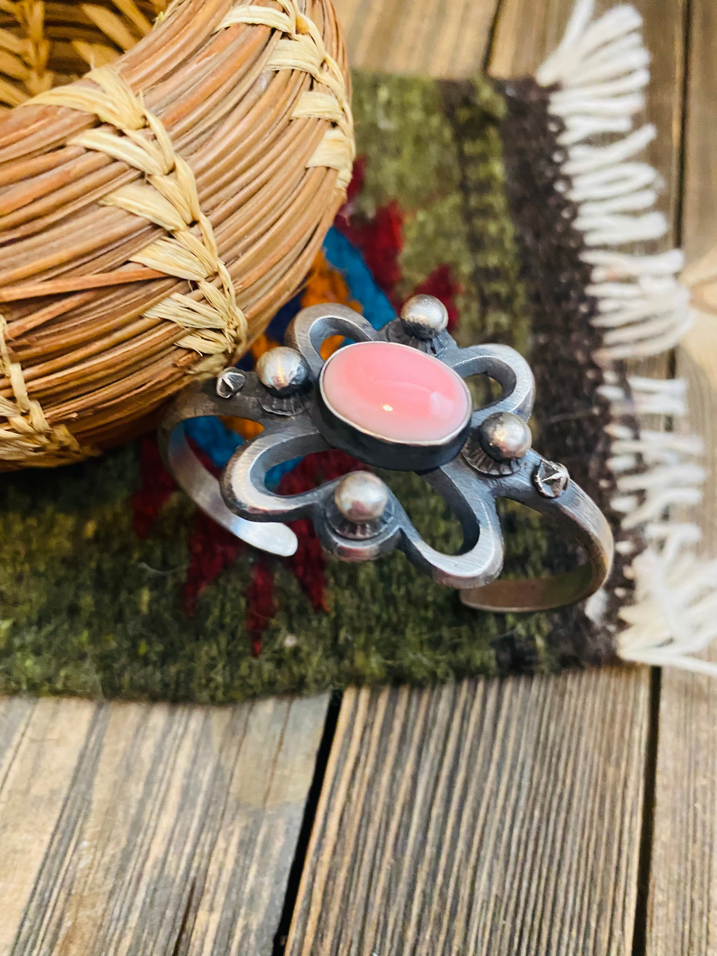 Navajo Queen Pink Conch Shell & Sterling Silver Cuff Bracelet By Chimney Butte