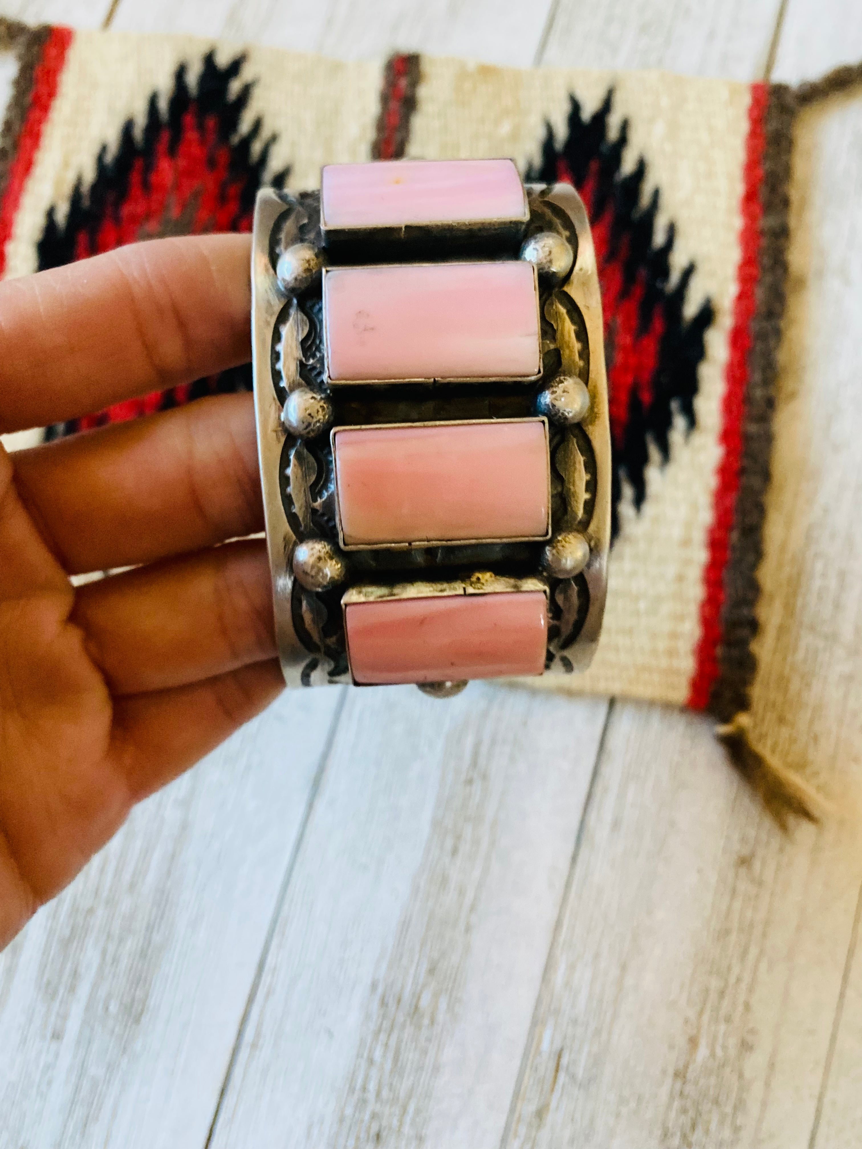 Navajo Queen Pink Conch Shell & Sterling Silver Cuff Bracelet Signed