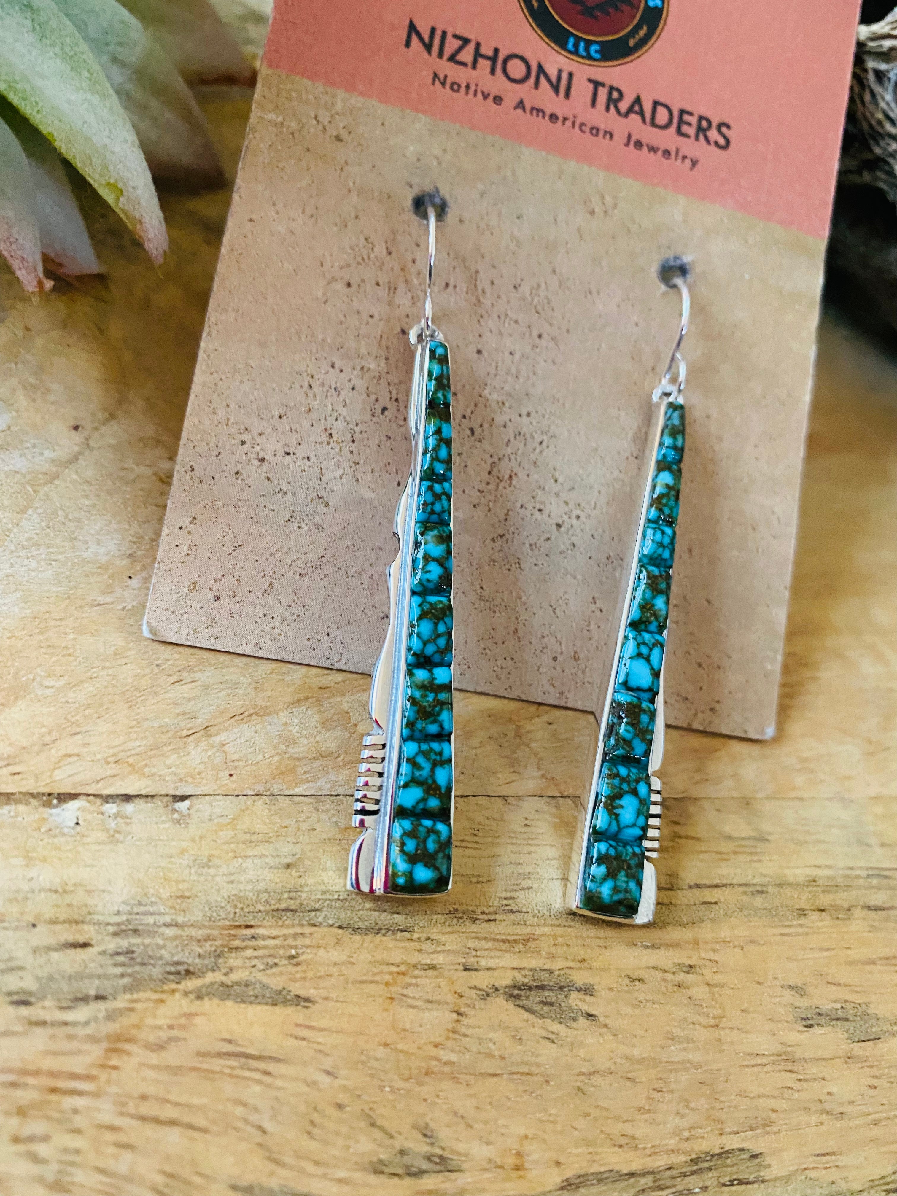 Navajo Kingman Web Turquoise & Sterling Silver Inlay Dangle Earrings